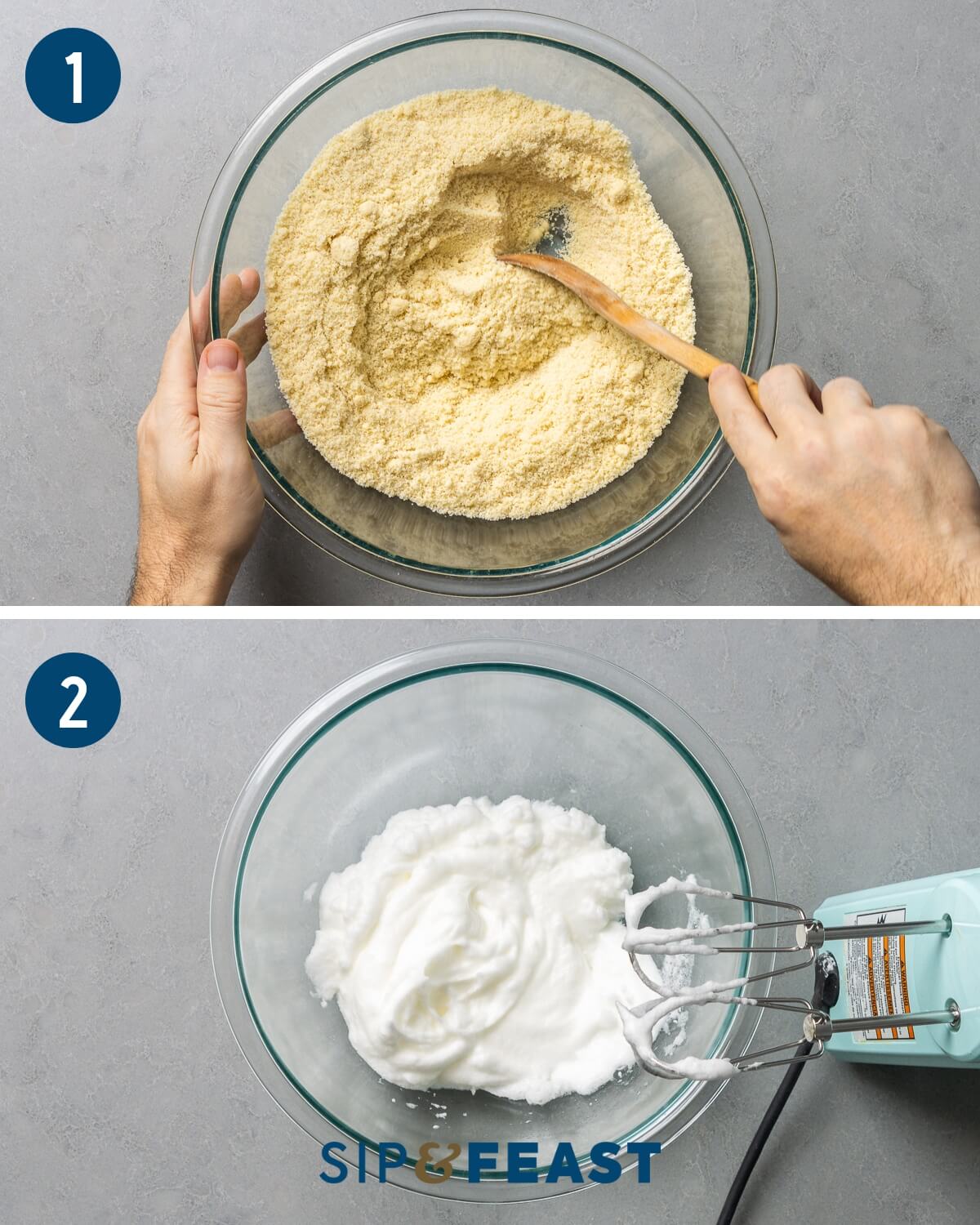 Italian almond cookies recipe collage group one showing mixing of almond flour and beating egg whites.