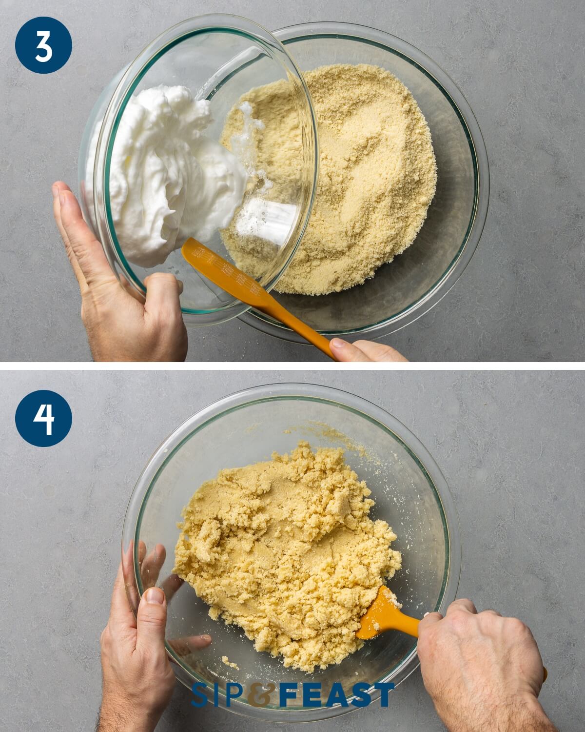 Recipe collage group two showing adding egg whites to almond flour and forming of dough.