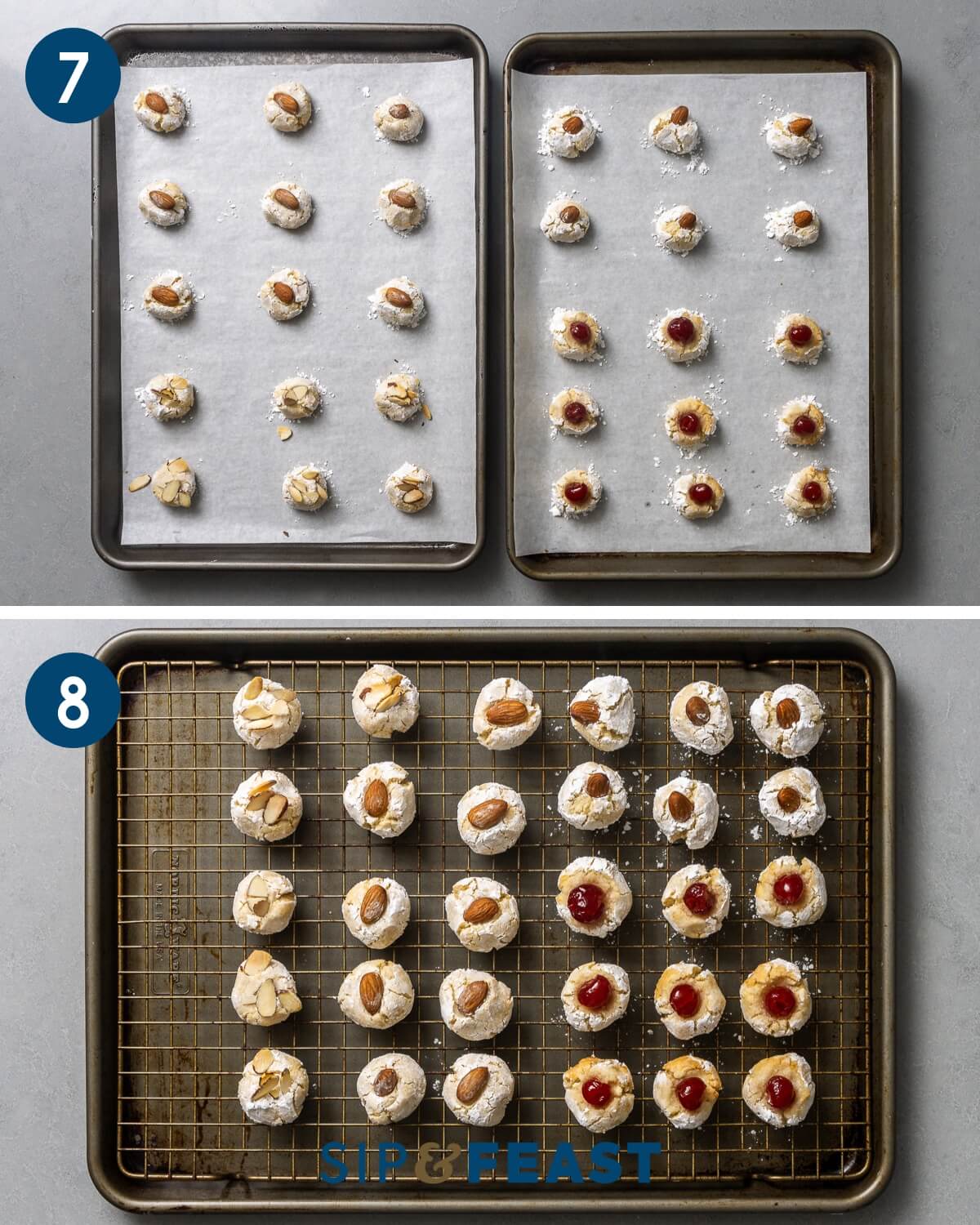 Recipe collage group four showing adding cookies to cooking sheets and cooling of cookies on wire rack.