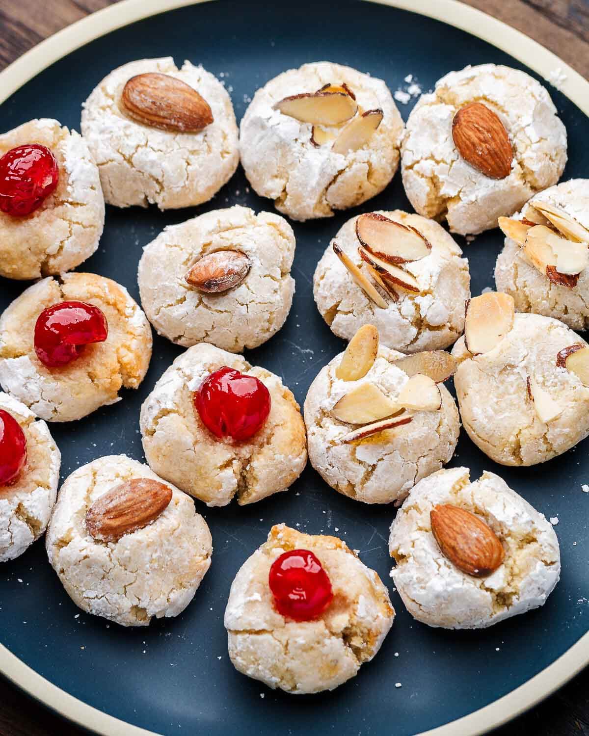 Blue plate with Italian almond cookies.