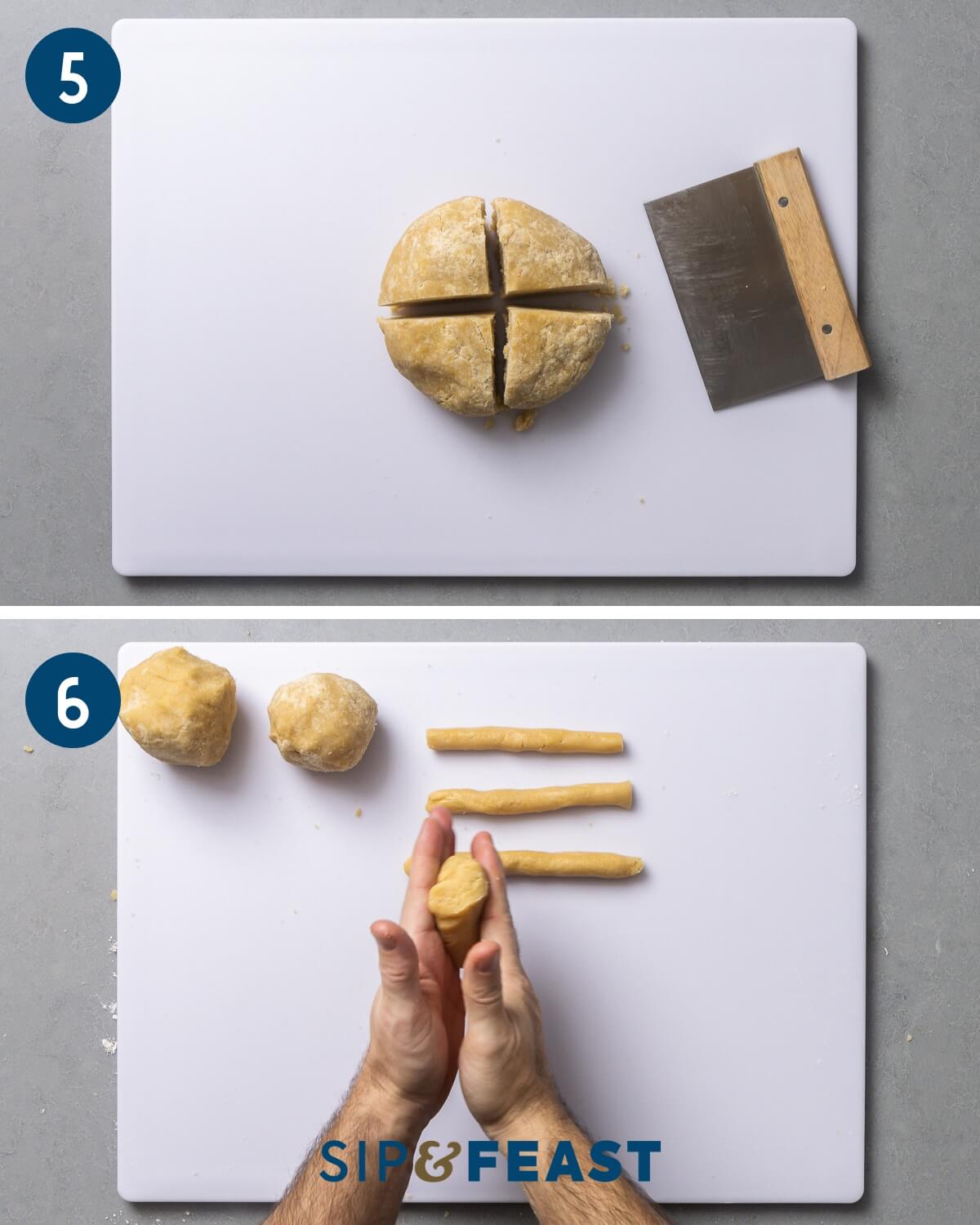 Collage three showing cutting of dough ball into quarters and forming lengths of dough in hands.