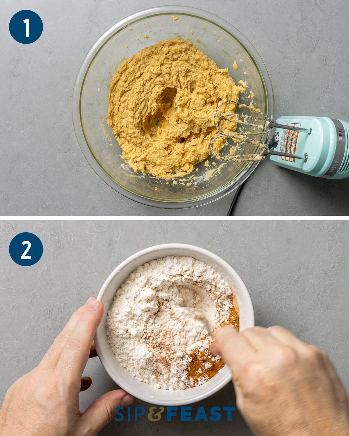 Oatmeal raisin pecan cookies recipe collage group one showing creaming of butter and sugar in large bowl and mixing of dry ingredients in small bowl.