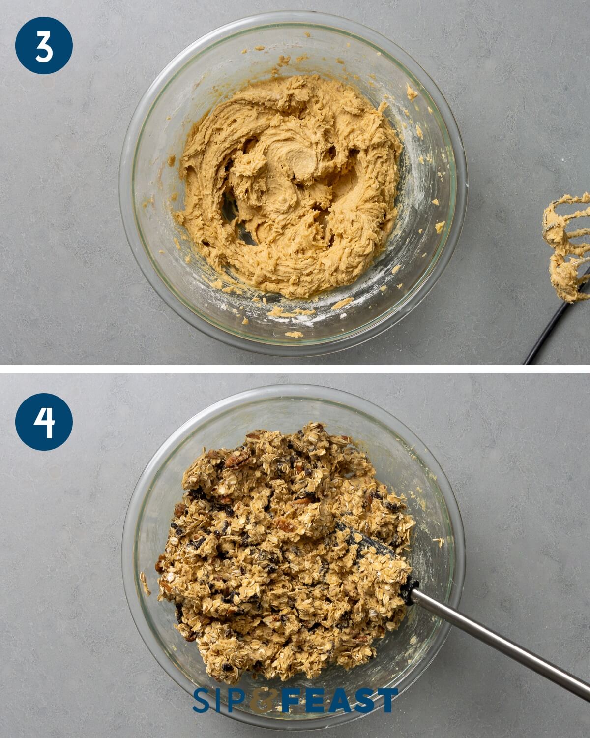 Recipe collage two showing mixing of dry ingredients with butter in large bowl and combining the raisins and pecans in the bowl.