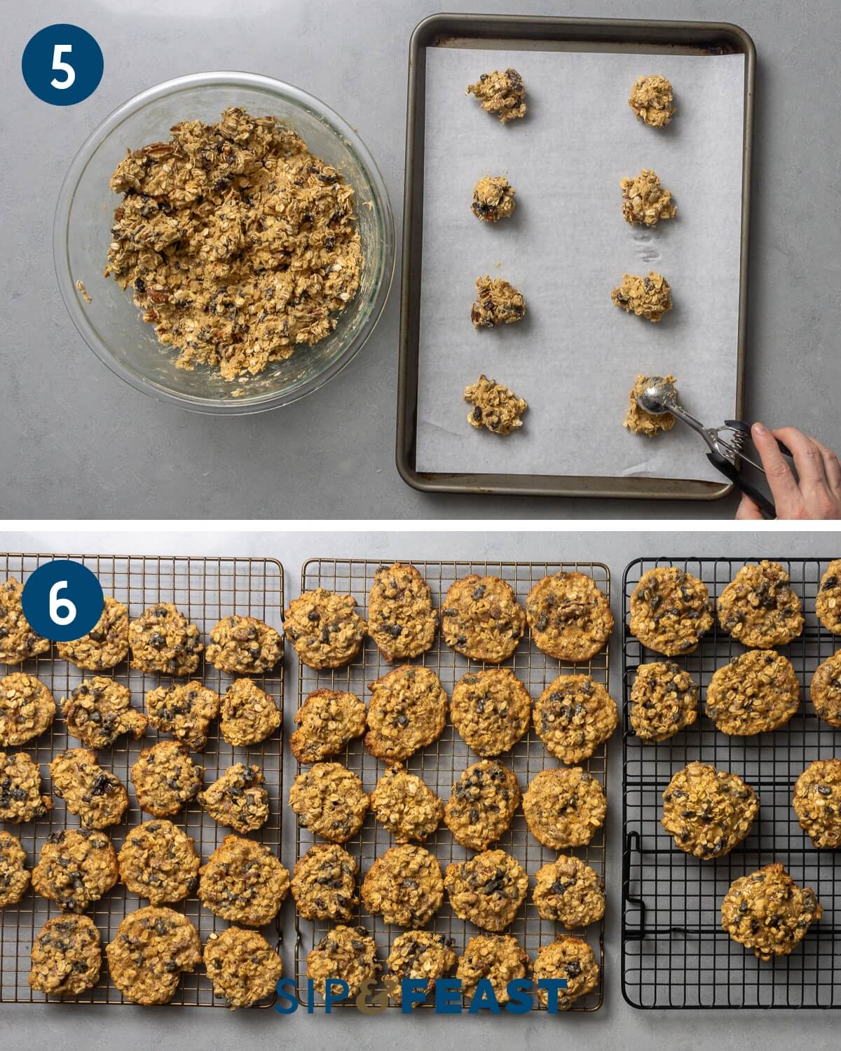 Recipe collage three showing scooping batter onto parchment paper lined baking sheet and baked cookies on wire racks.