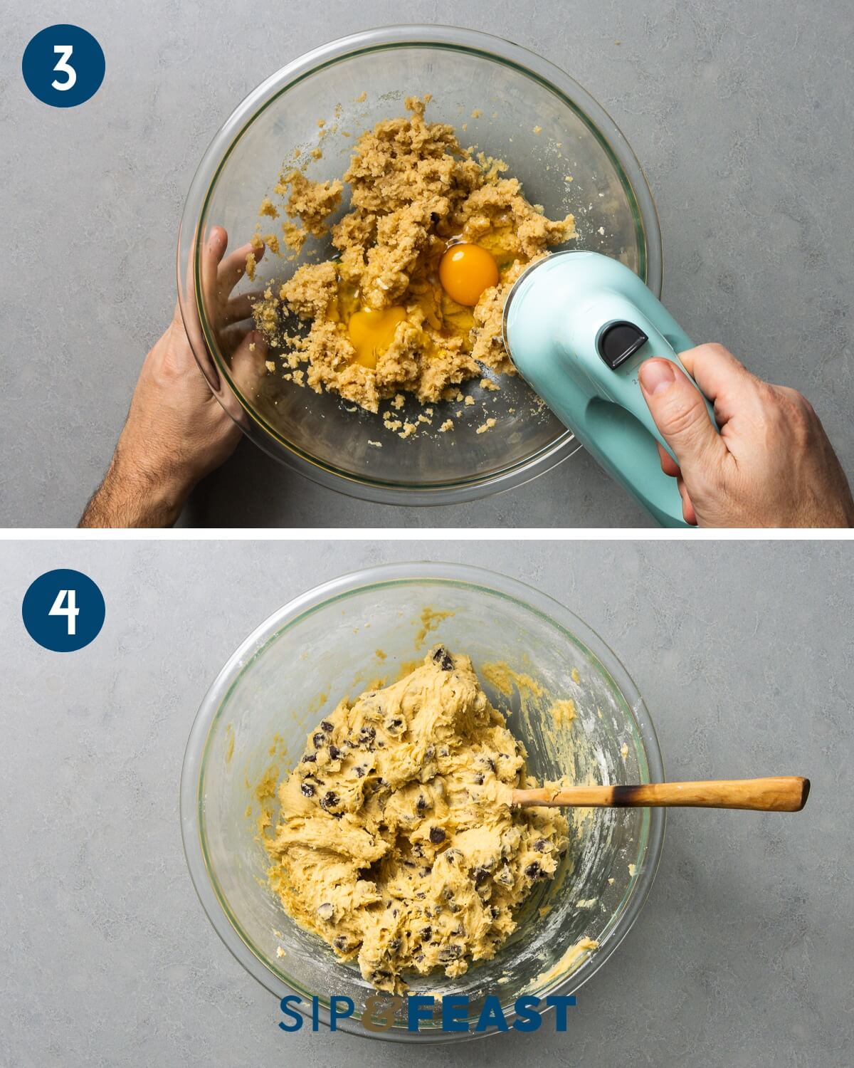 Recipe collage group two showing mixing of eggs into large bowl and folding in chocolate chips.