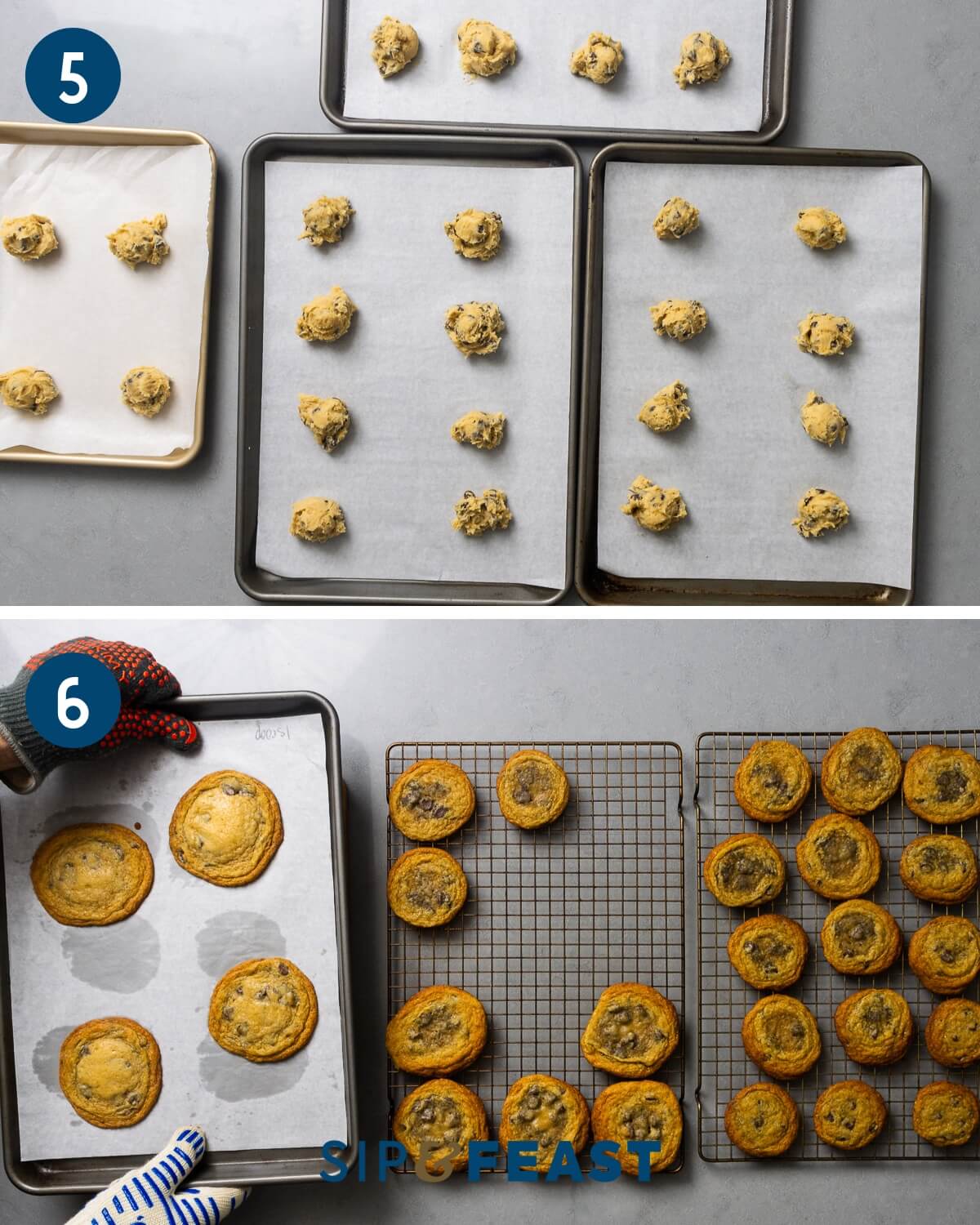 Recipe collage group three showing cookie dough balls placed on baking sheets and banging of cookies on counter and placing baked cookies on wire racks.