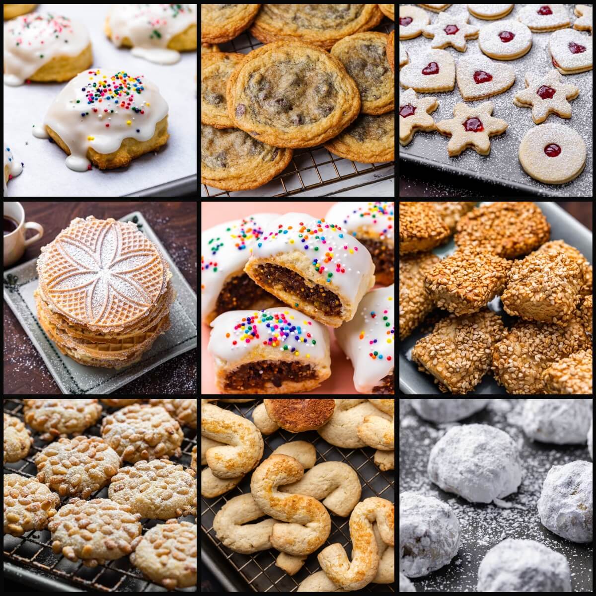 Christmas cookie collage showing: lemon ricotta, chocolate chip, linzer, pizelle, cucidati, reginelle, pignoli, S, and snowball cookies.