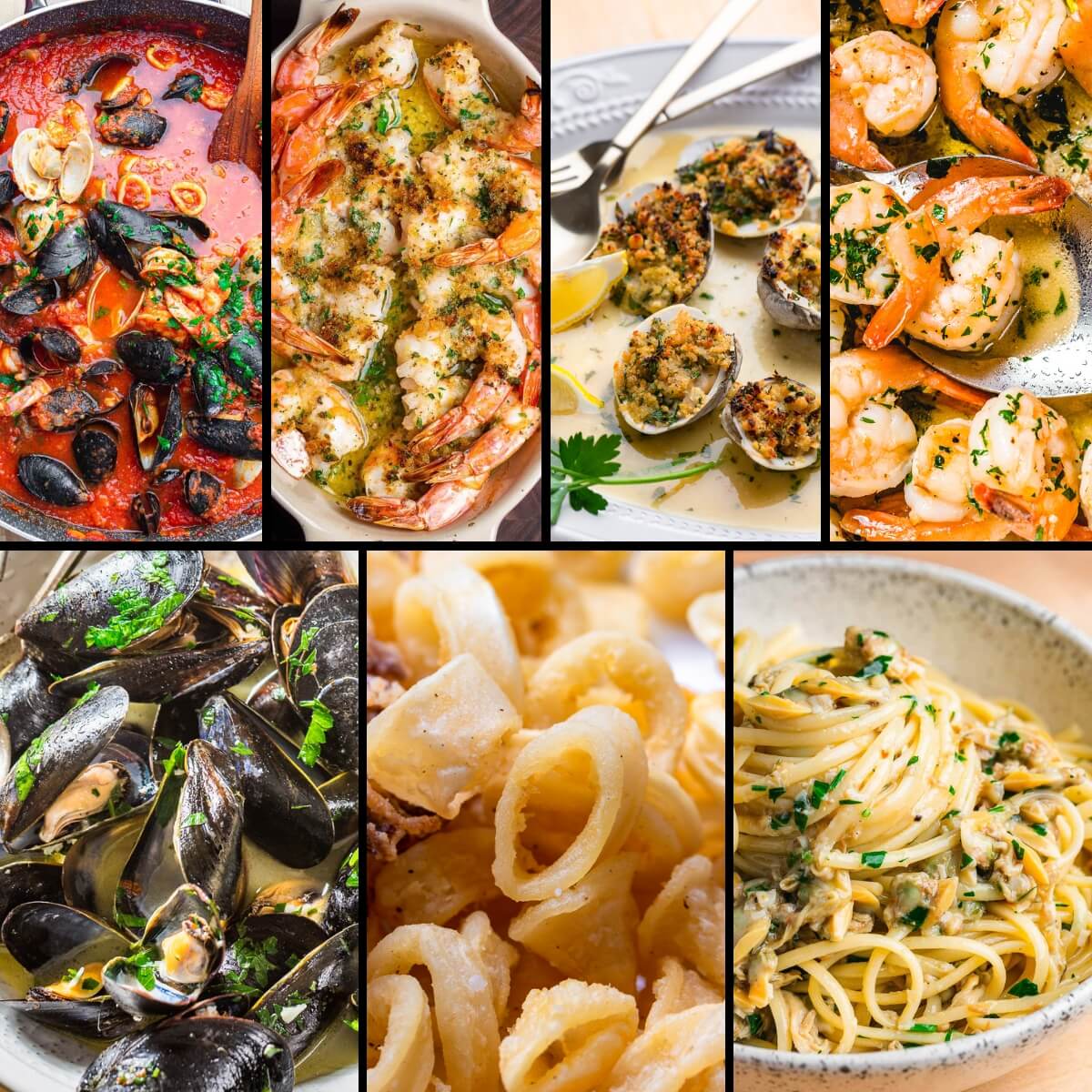 Collage of seven seafood dishes.