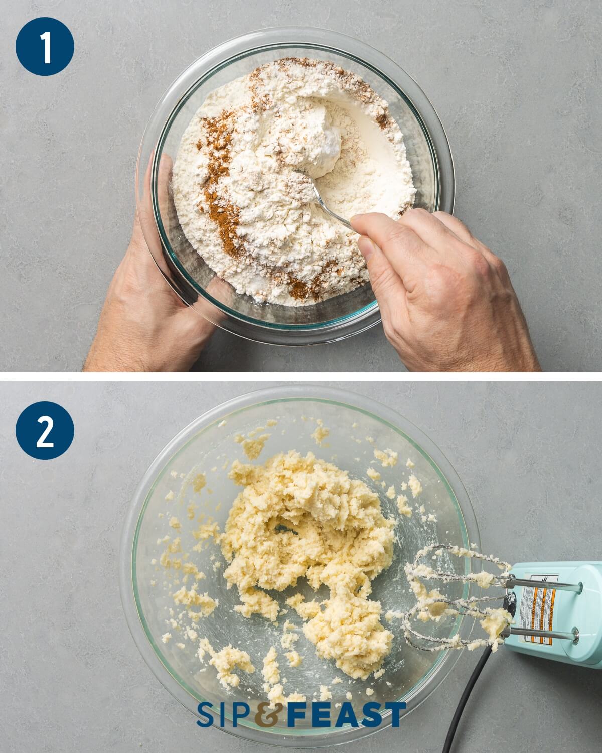 Snickerdoodle recipe collage group number one showing mixing of dry ingredients in small bowl and creaming of butter and sugar in large bowl.