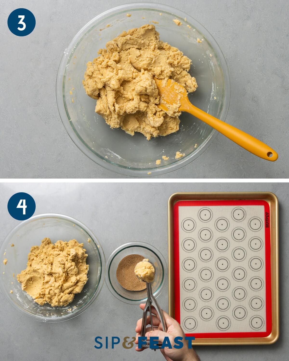 Recipe collage two showing mixed dough in large bowl and scooping dough out of large bowl with cookie scoop.