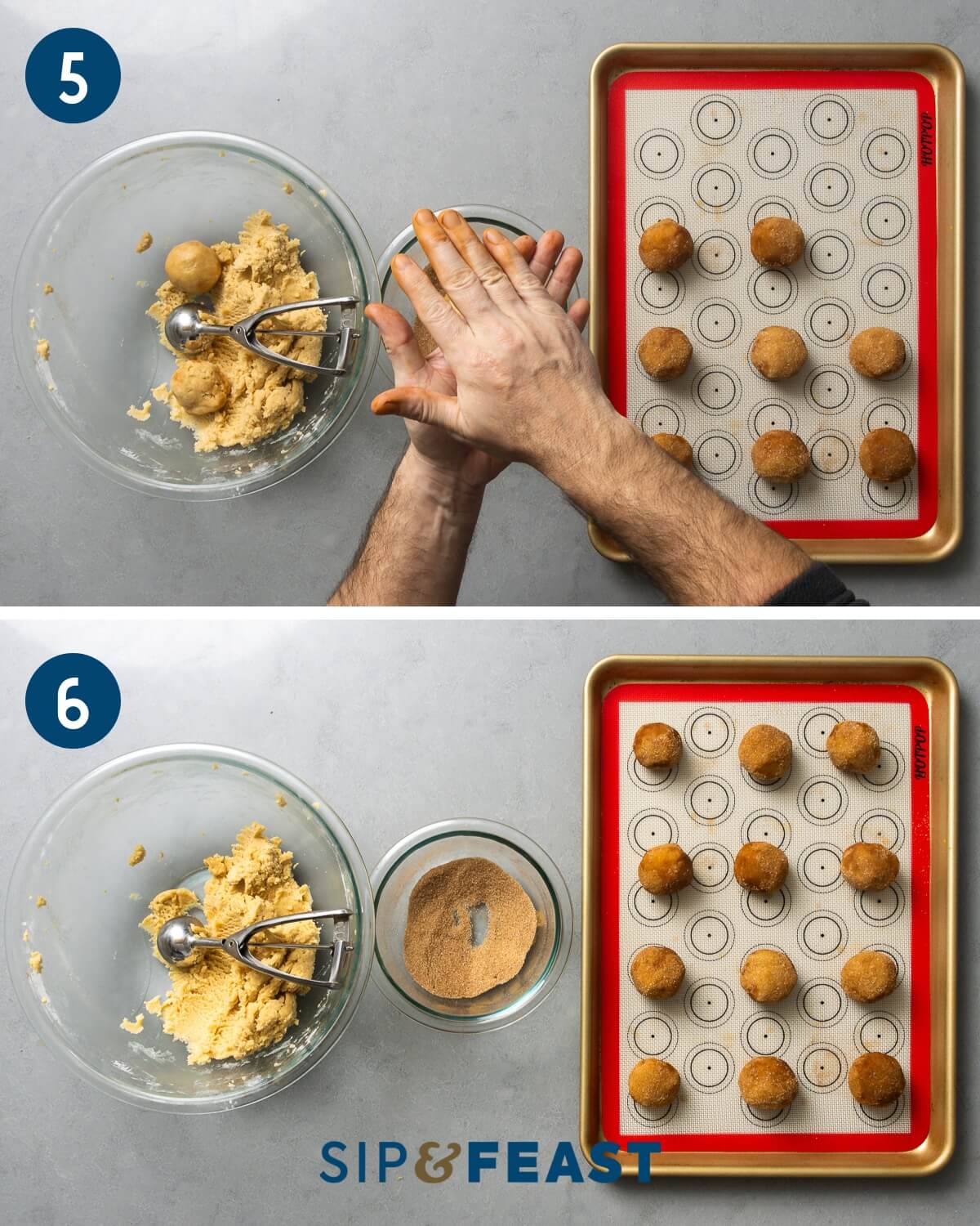 Recipe collage three showing rolling of dough balls and coating of balls in cinnamon sugar and placing onto silicon lined baking sheet.