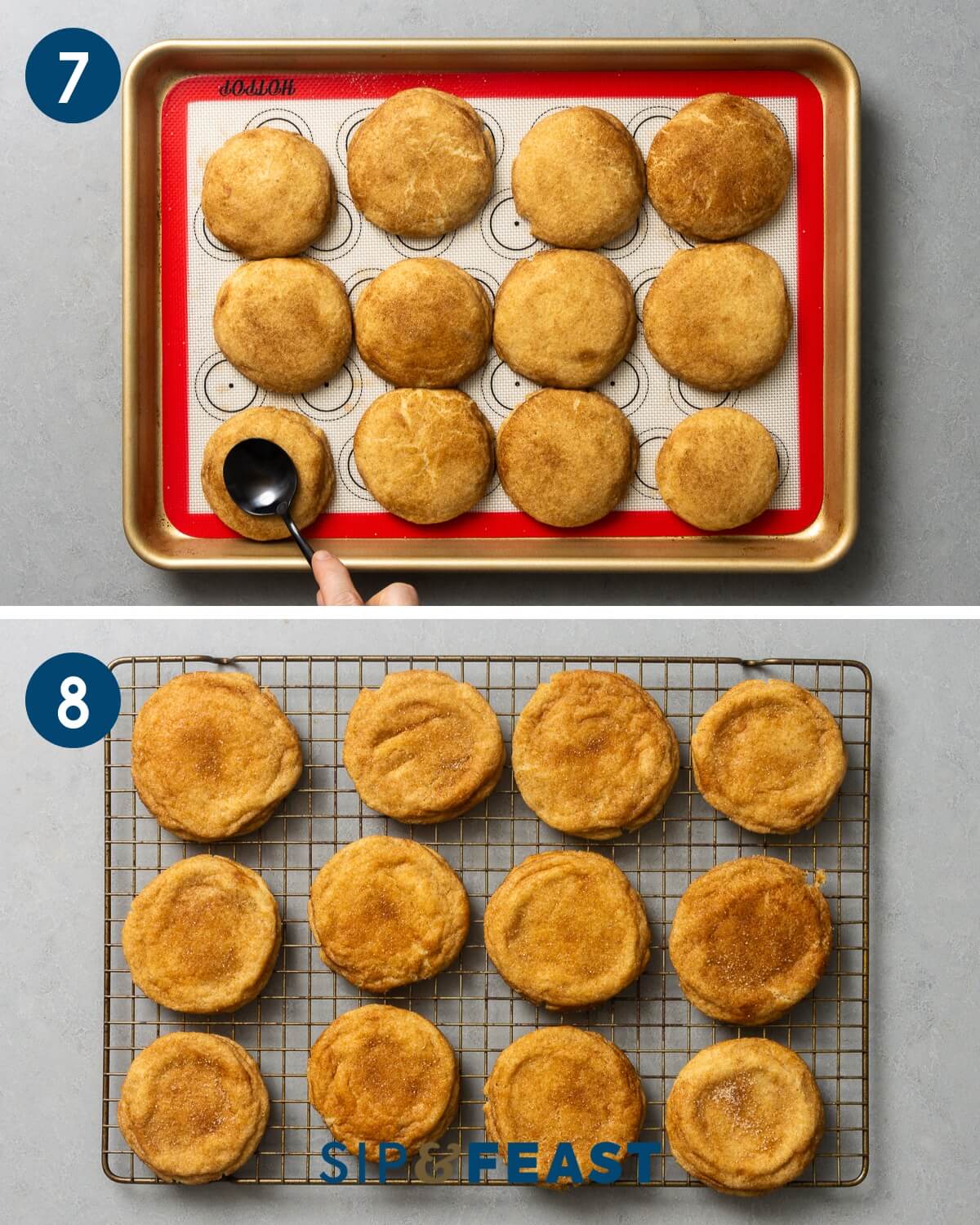 Recipe collage four showing flattening of cookies with back of spoon and baked cookies cooling on wire rack.