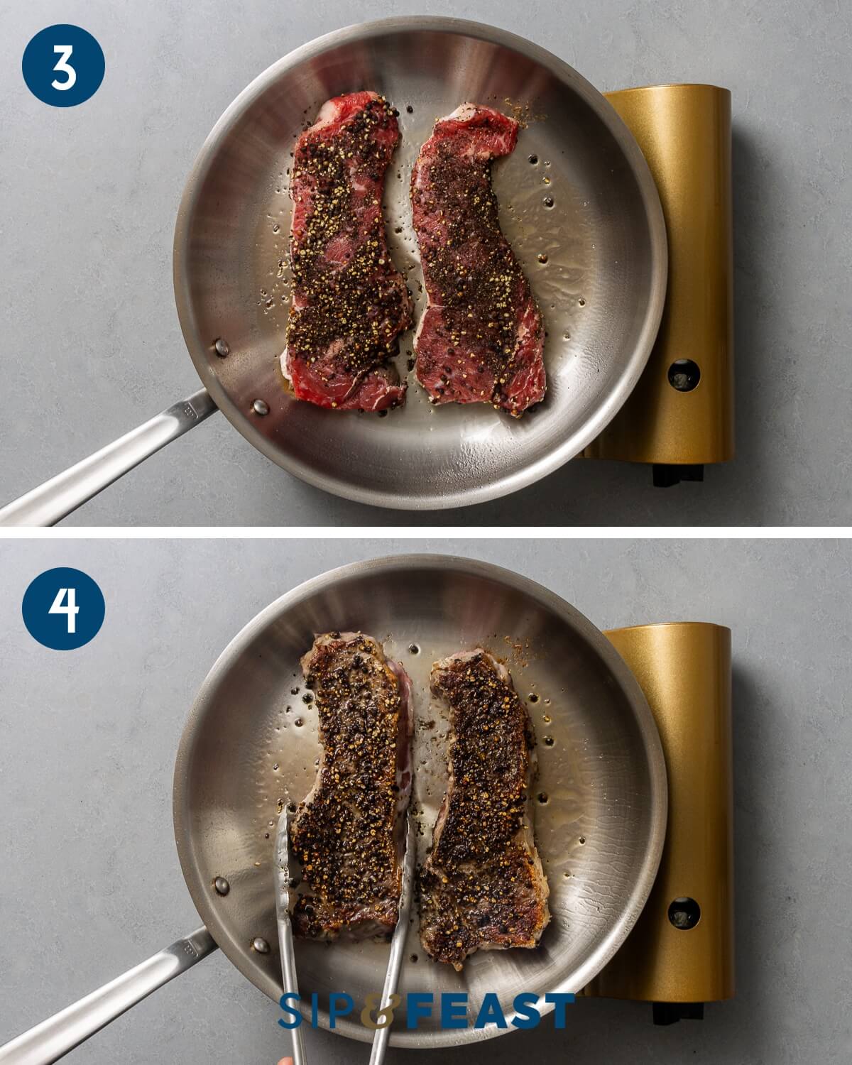 Collage two showing searing of pepper crusted New York strip steaks.