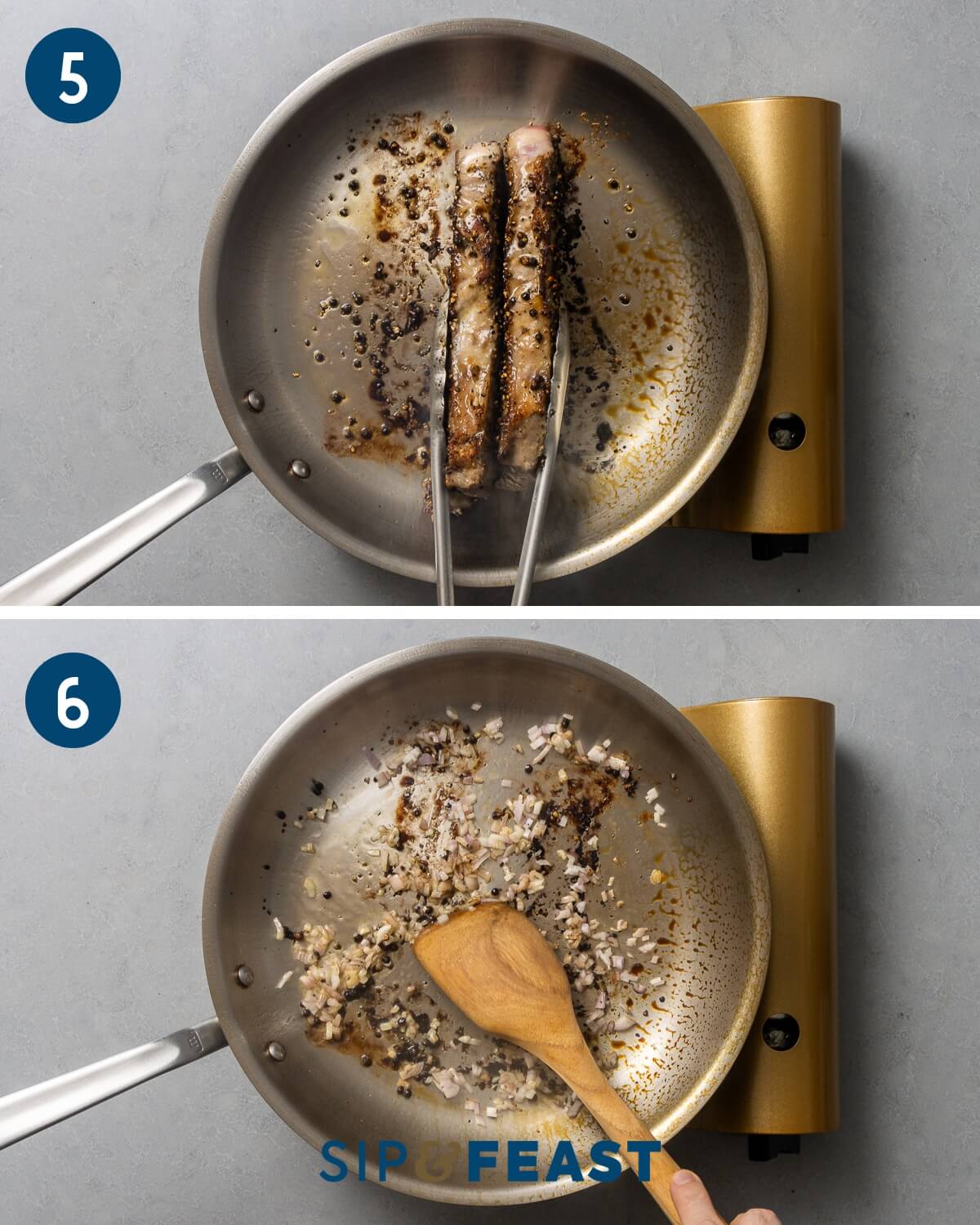 Collage three showing searing steaks on their sides with tongs and sauteing shallots in pan.