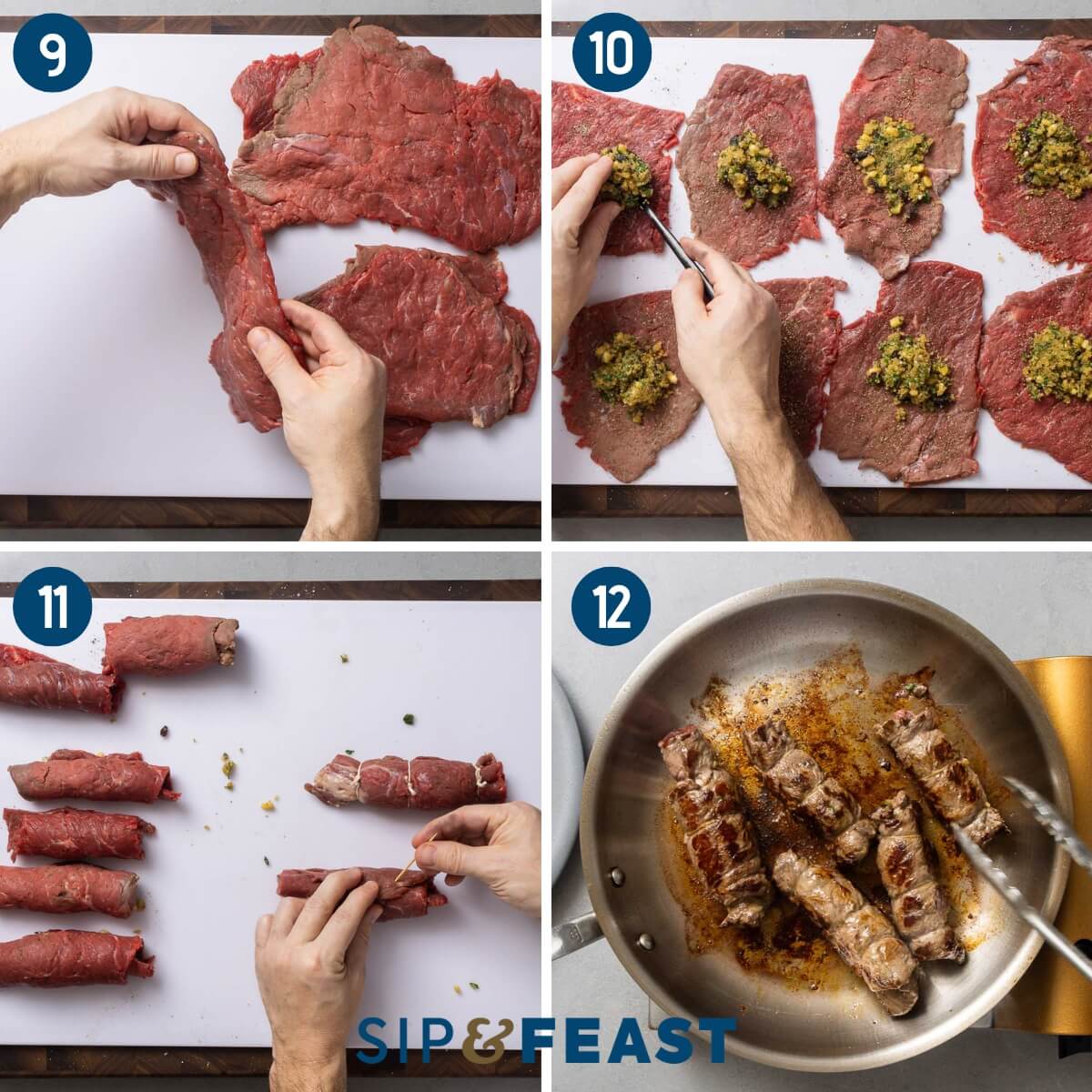 Recipe collage group three showing stuffing of braciole, rolling them, and searing in stainless steel pan.