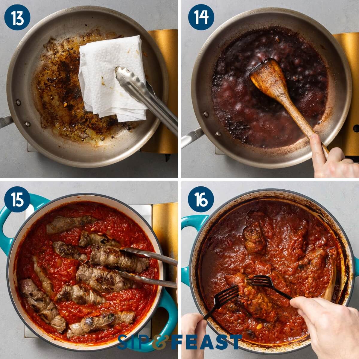 Recipe collage four showing deglazing of pan with red wine, adding braciole to the pot of sauce, and testing for tenderness.