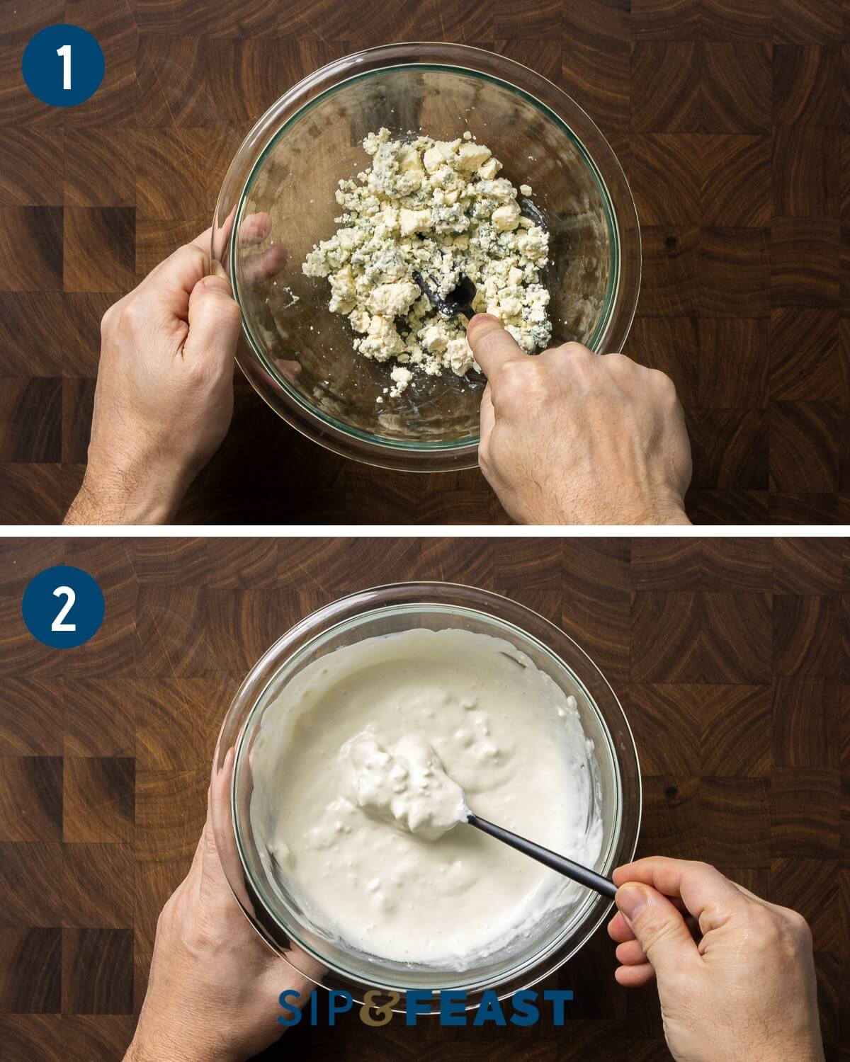 Blue cheese dressing process collage showing mashing of blue chunk of blue cheese and mixing the dressing.