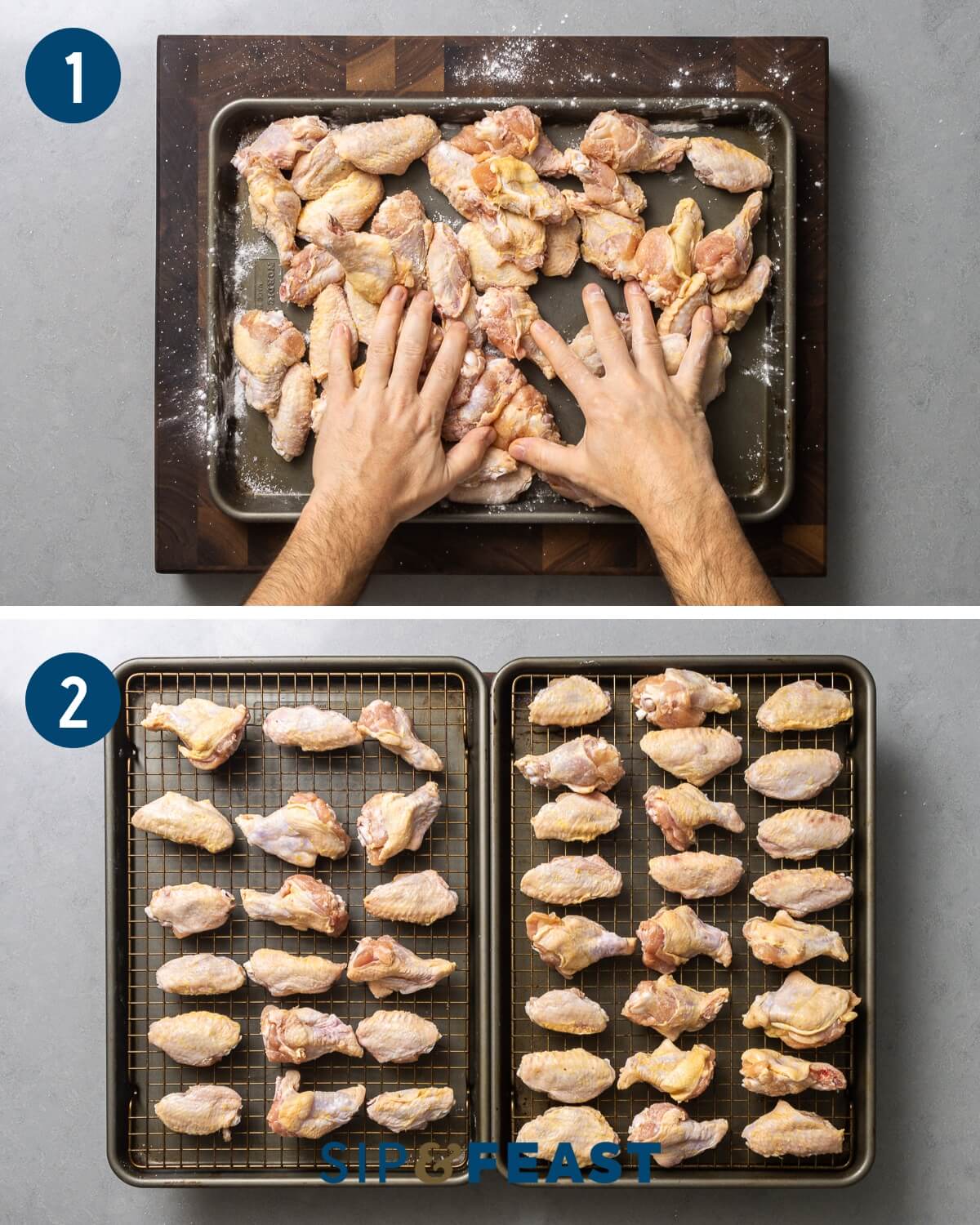 Buffalo wings recipe process collage one showing tossing wings in baking powder and salt and placing wings on wire racks.