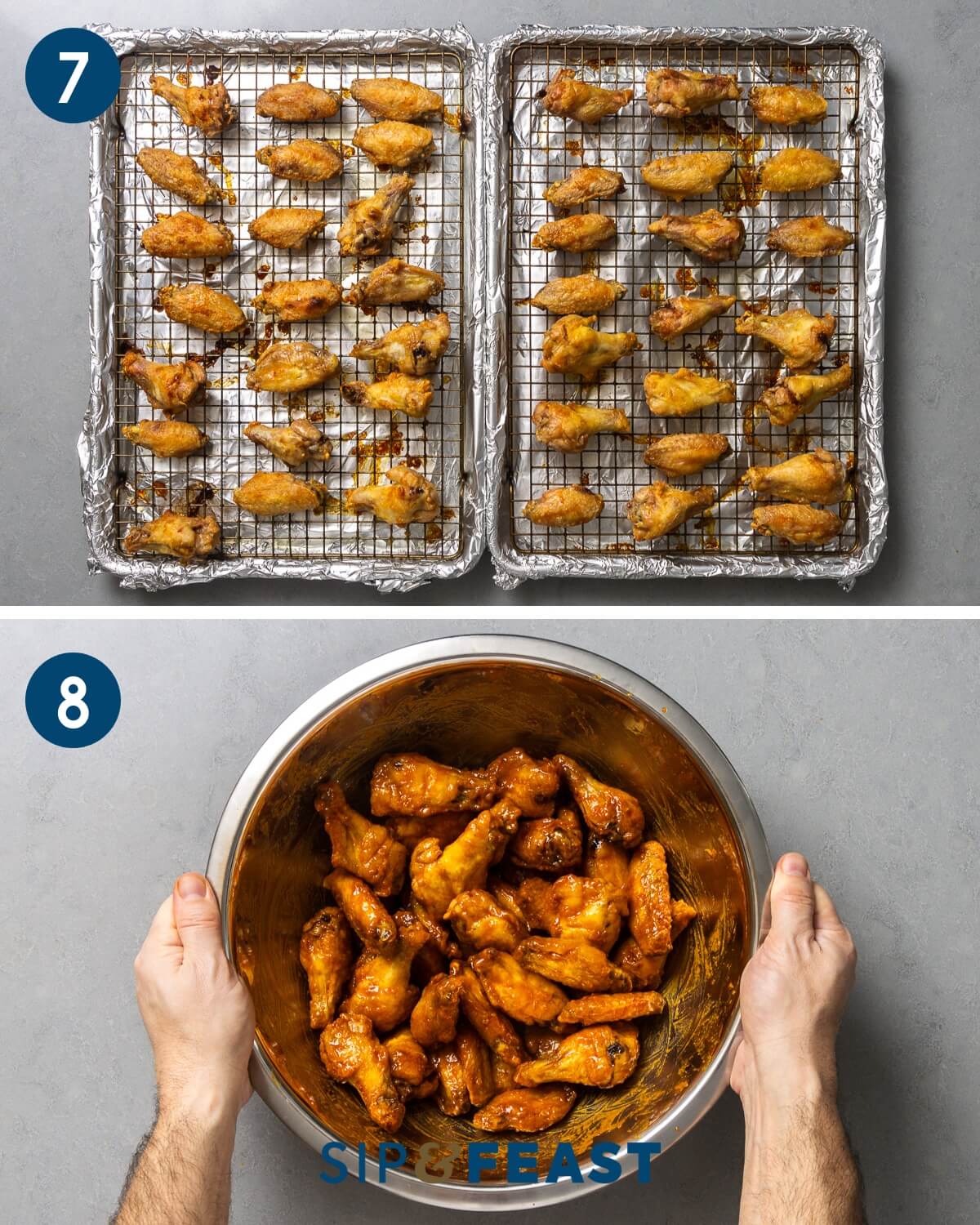 Recipe collage four showing oven baked wings and tossing wings with buffalo sauce in large bowl.