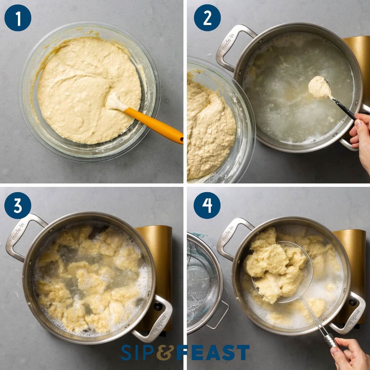 Dumplings process collage showing batter in bowl, boiling dumplings, and scooping out dumplings with strainer.