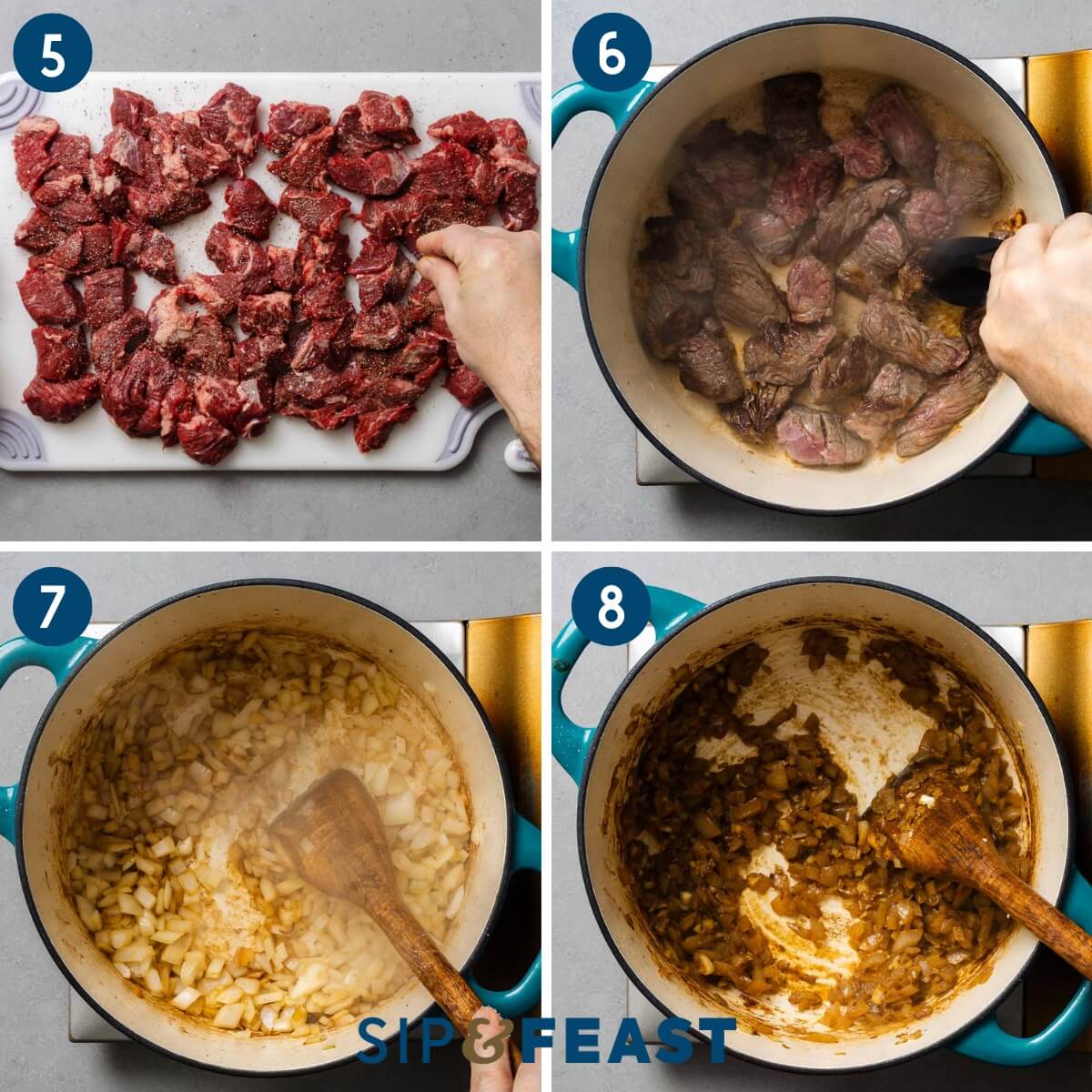 Chili Colorado recipe process collage group two showing seasoning and searing of beef and sauteing onions in pot.