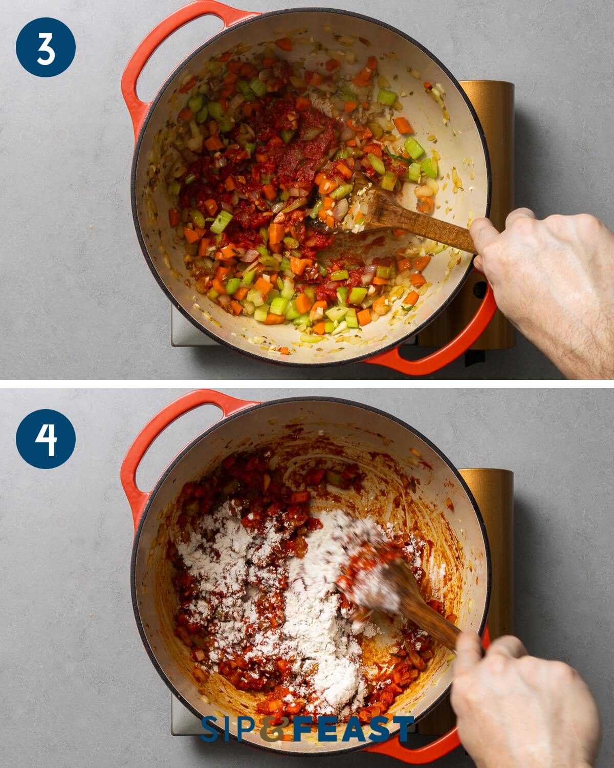 Recipe collage two showing cooking of tomato paste and flour.