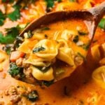 Creamy sausage tortellini soup Pinterest image.