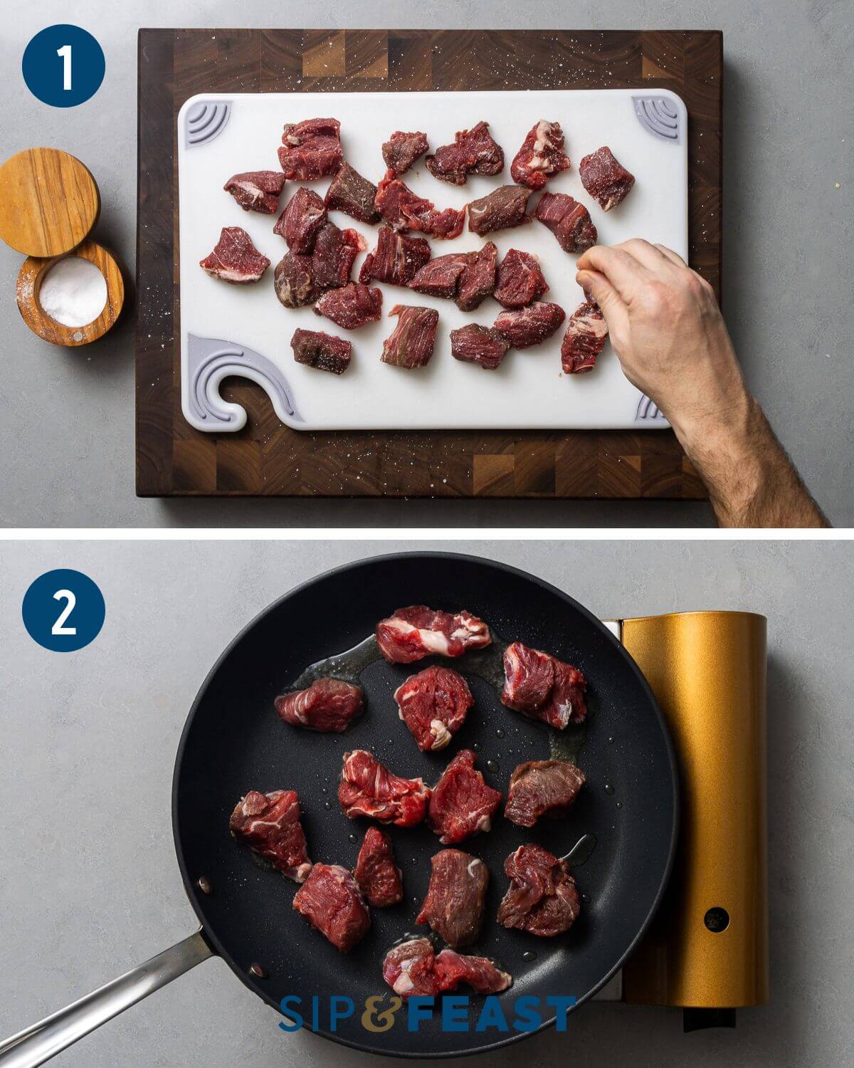 Garlic butter steak bites recipe collage group one showing seasoning of steak cubes and searing of cubes in pan.