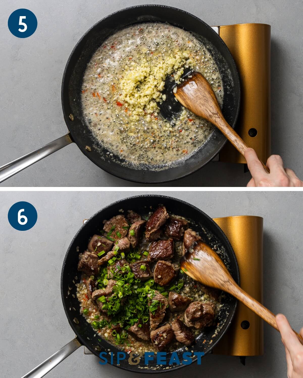 Recipe collage group three showing adding of garlic to pan and mixing beef into garlic butter along with green onions.