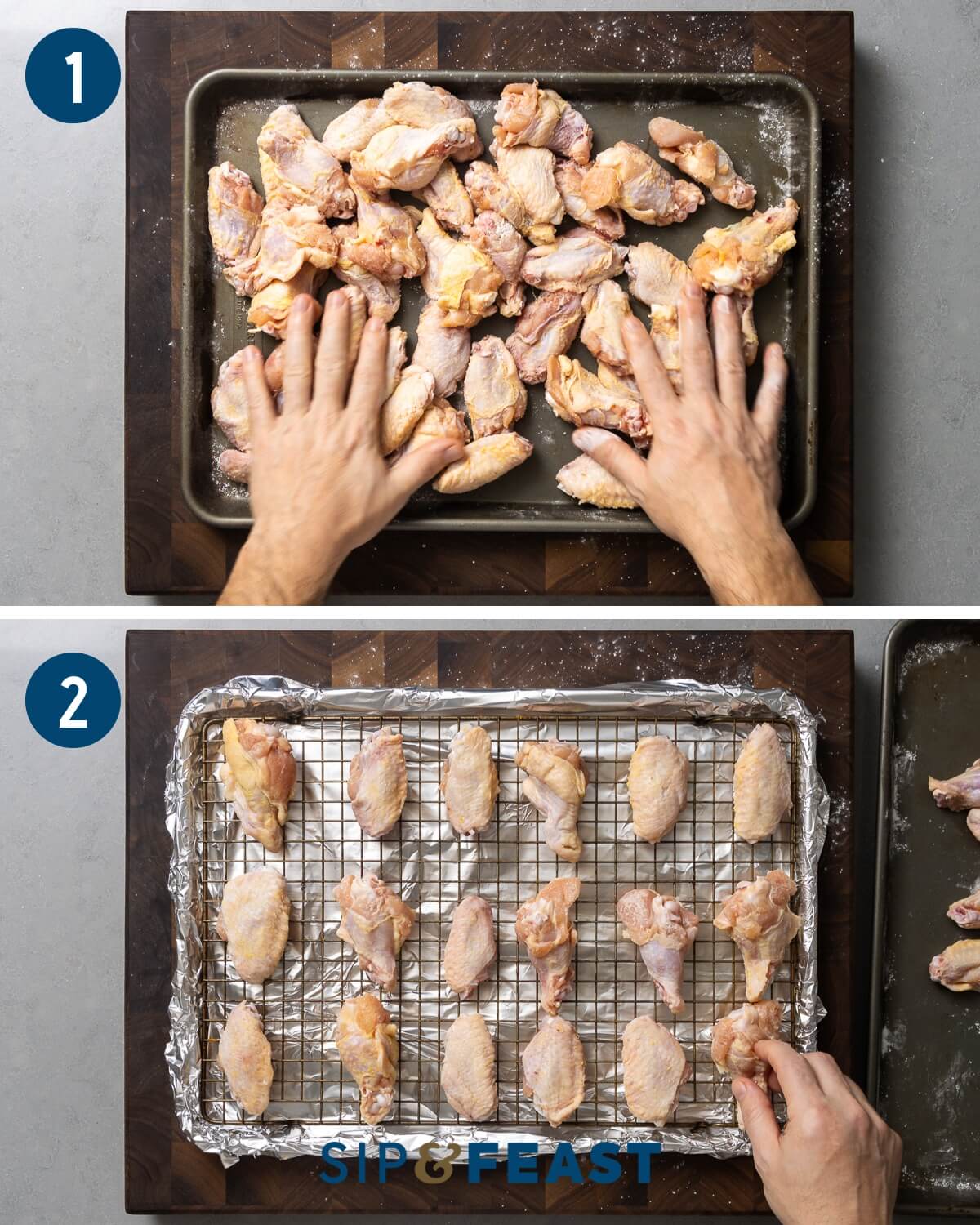Garlic parmesan chicken wings recipe process collage one showing mixing wings with baking powder and salt and spreading wings out on wire rack.