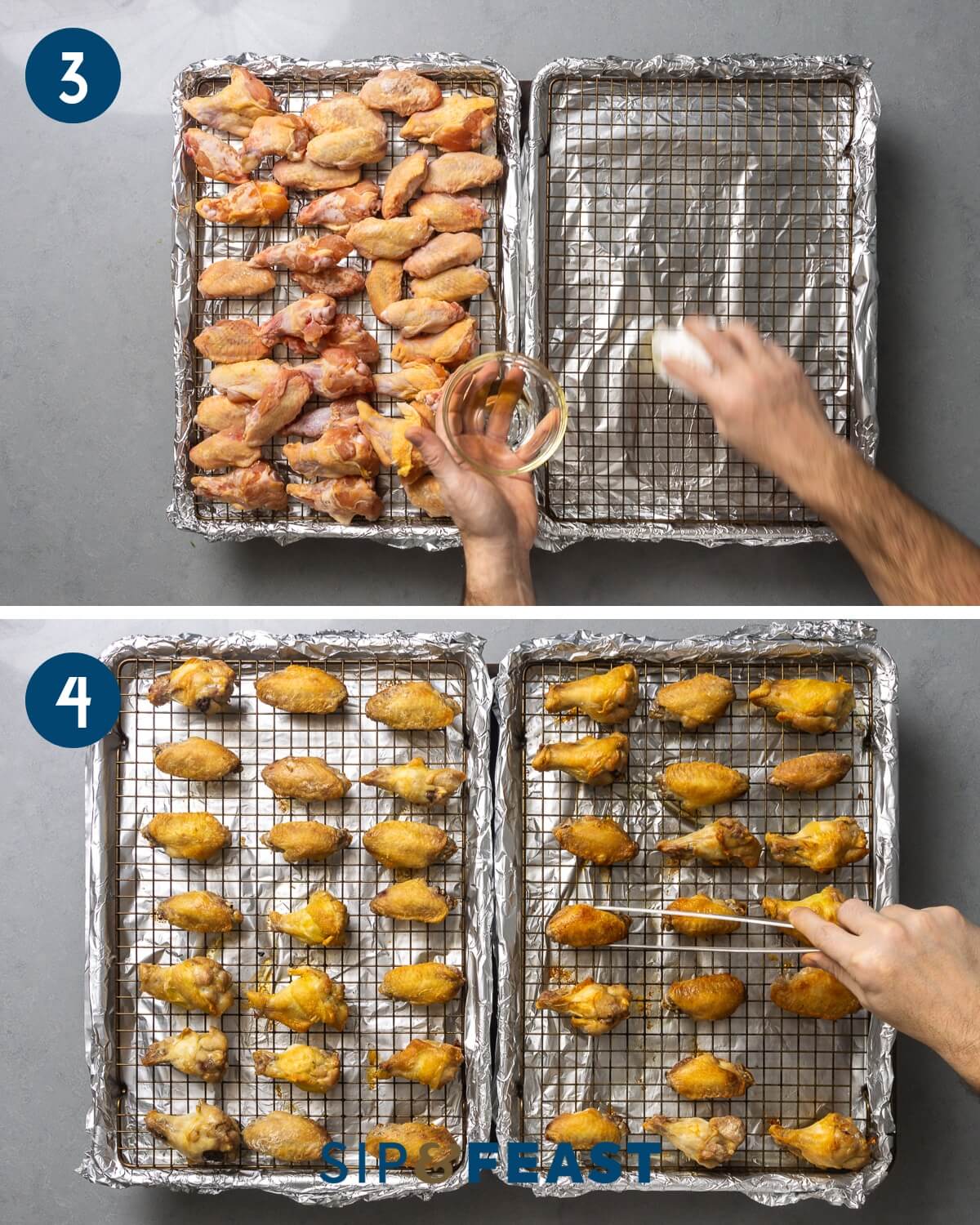 Recipe collage two showing oiling wire racks and turning wings after baking.