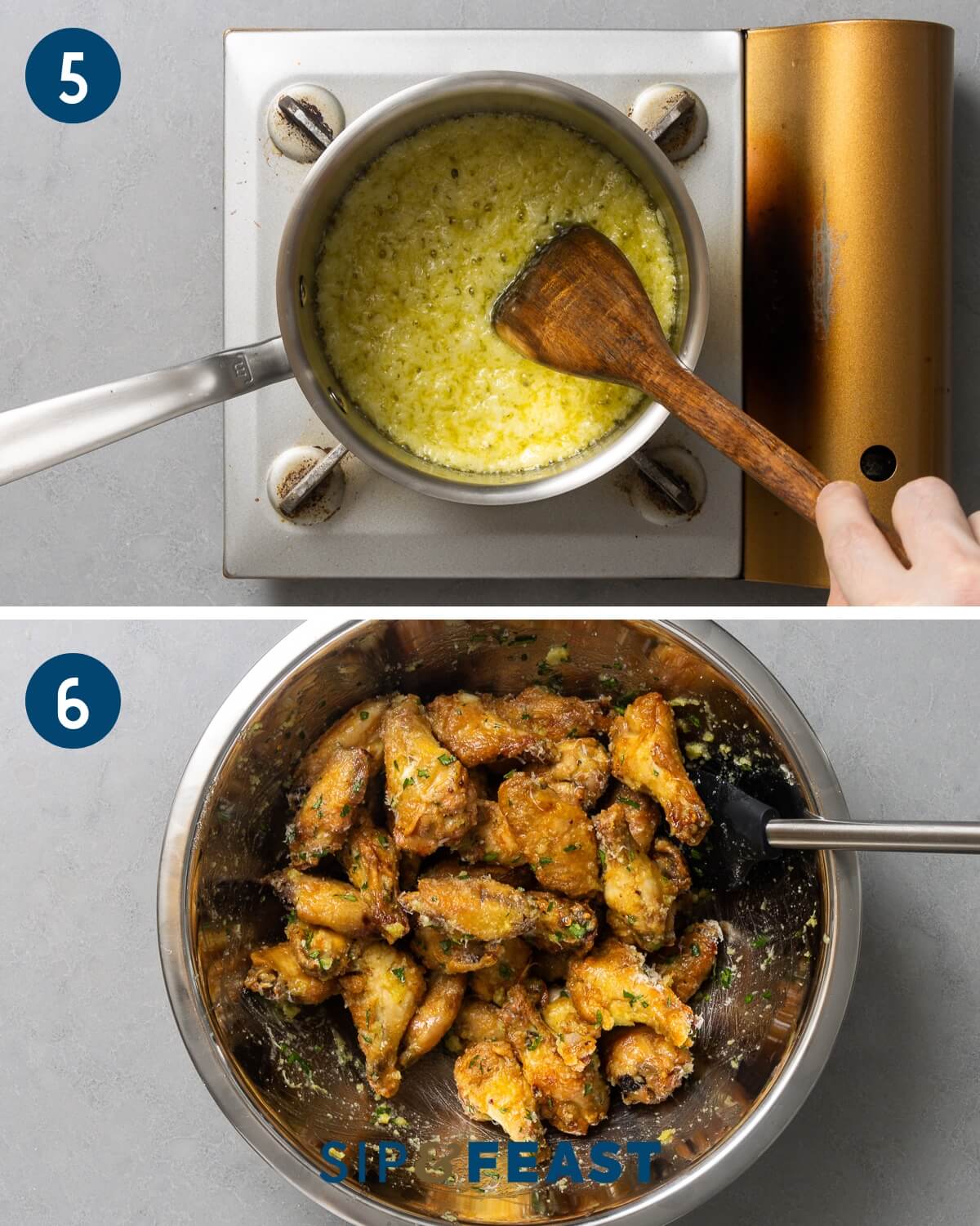 Recipe collage three showing making of garlic butter and mixing wings in large bowl with garlic butter, parsley, and parmesan cheese.