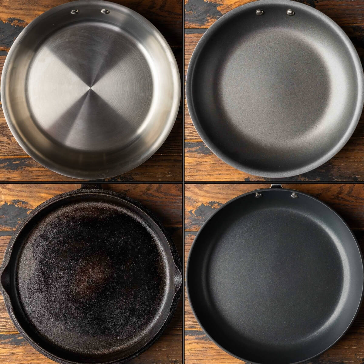 Picture of cast iron, stainless, aluminum, and hard anodized pans.
