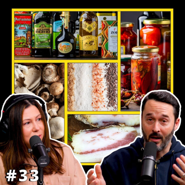 Podcast 33 featured image of Jim and Tara with collage of ingredients in the background.