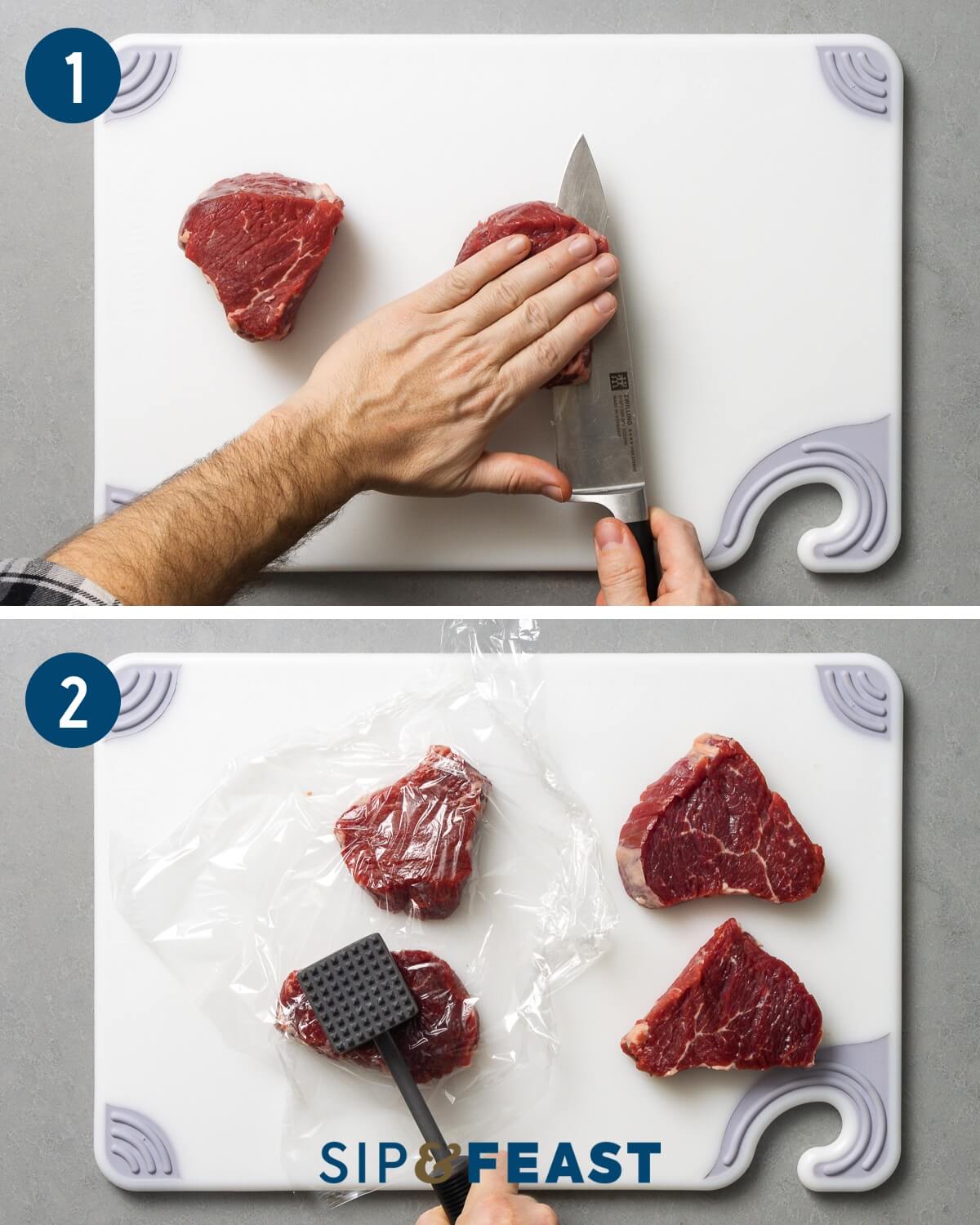 Steak Diane recipe process collage group one showing trimming and pounding of beef tenderloin into medallions.