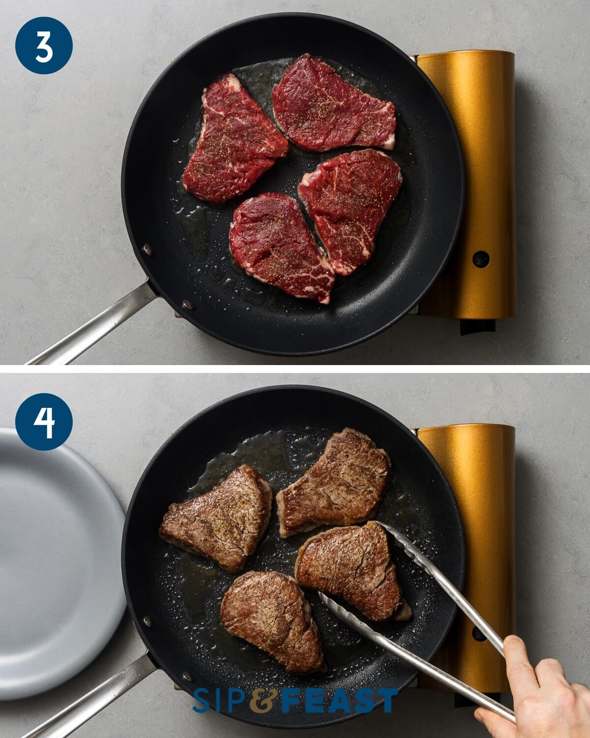 Recipe collage two showing searing of medallions in hot pan.