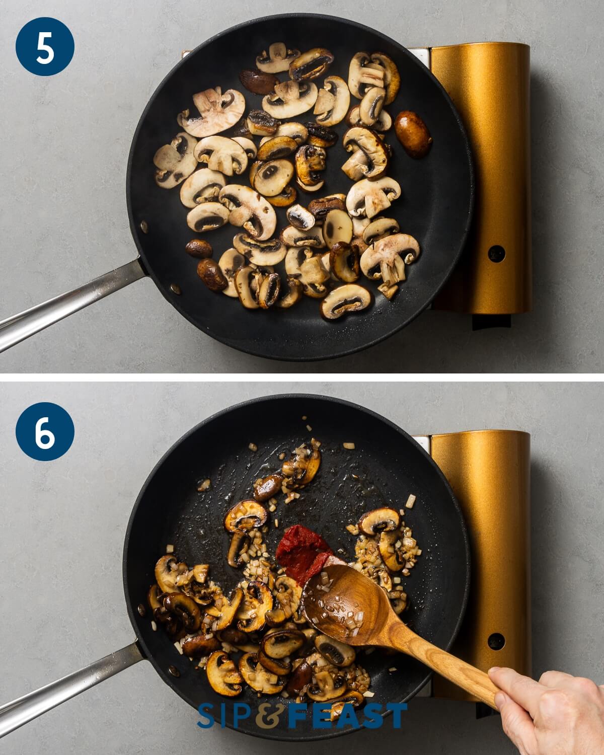 Recipe collage three showing sauteing of mushrooms in pan and adding tomato paste.