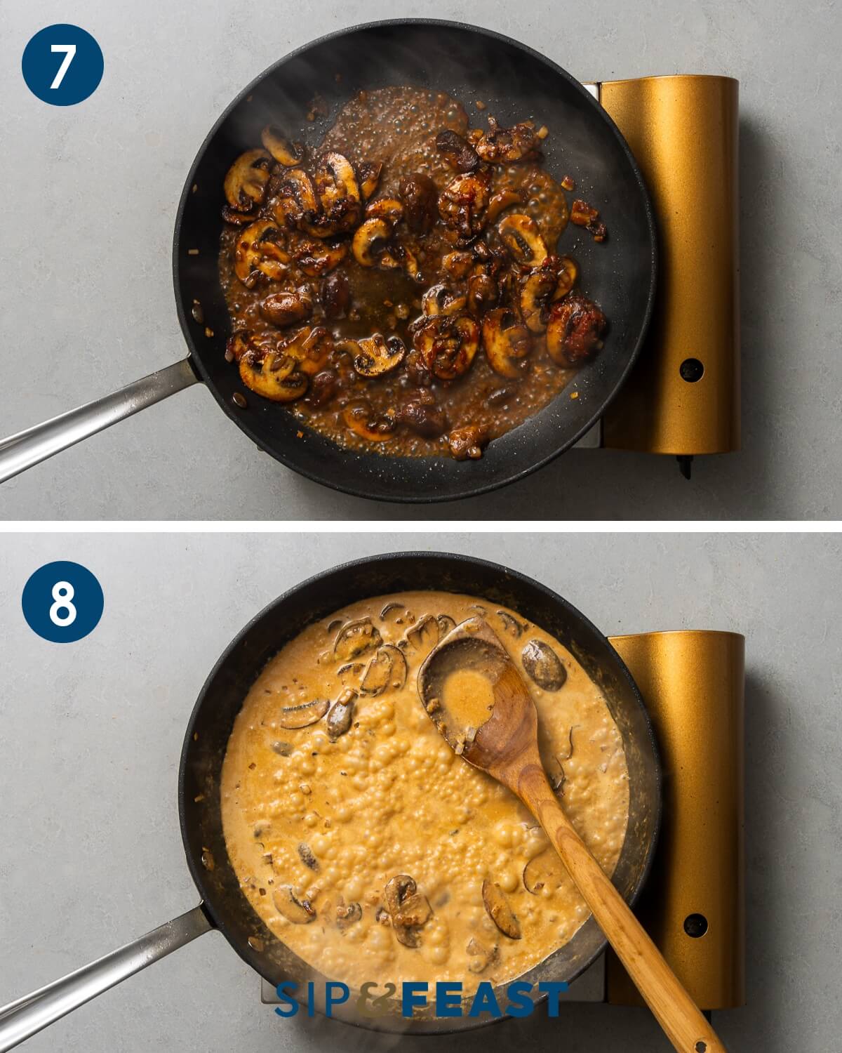 Recipe collage four showing deglazing of the pand and simmering the sauce.