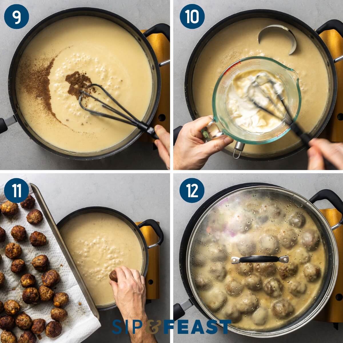 Recipe collage three showing mixing cream and spices, tempering sour cream in cup, adding meatballs to sauce, and simmering with lid slightly ajar.