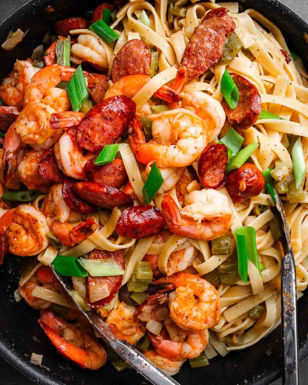 Pan with shrimp and sausage pasta.