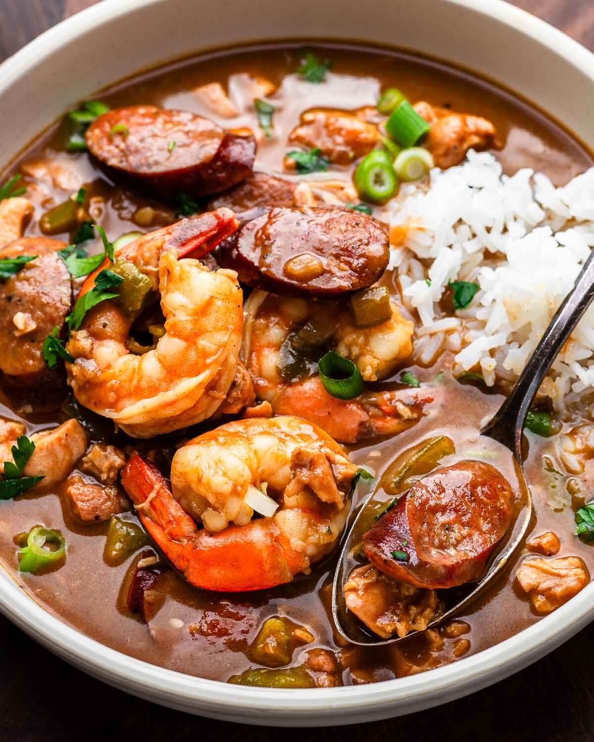 Bowl of chicken and sausage gumbo.