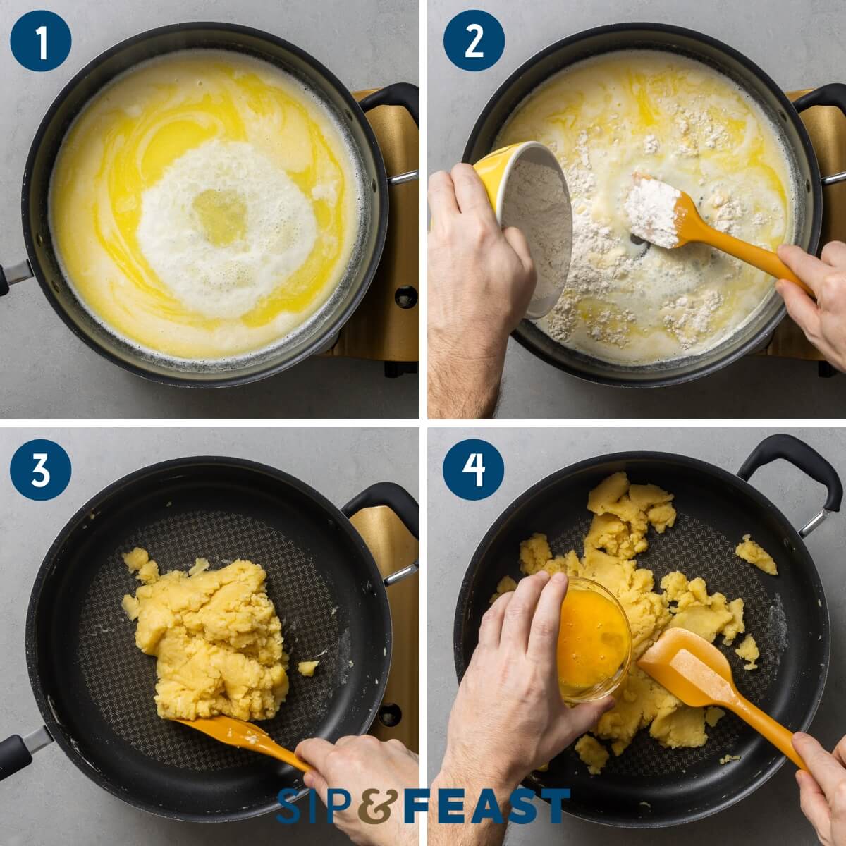 Choux pastry recipe collage group one showing heating of milk and butter in large pan, mixing in flour, and mixing in eggs.