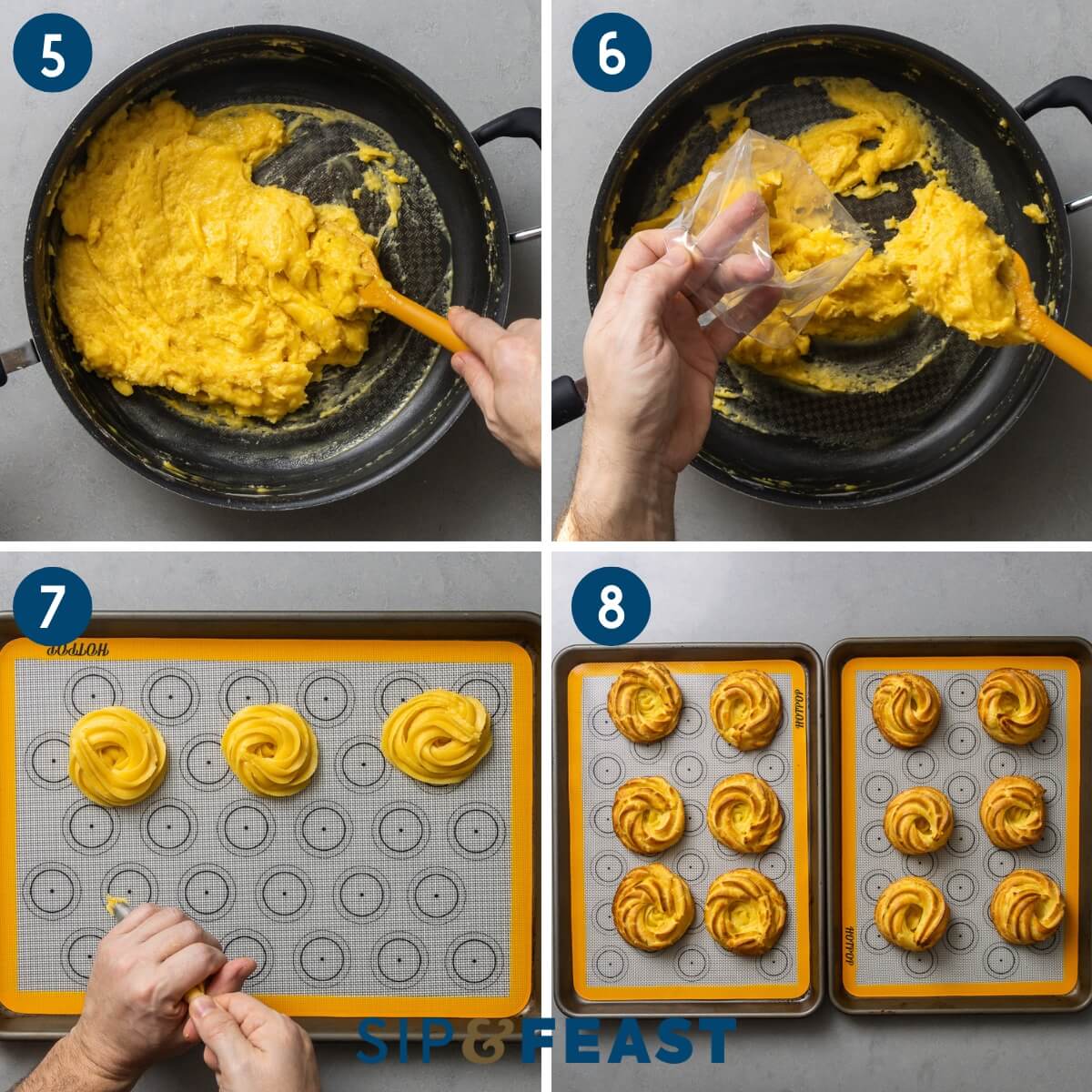 Recipe collage group two showing mixing of pastry dough, adding pastry dough into piping bag, piping circles of dough onto baking sheets, and how zeppole look after baking.