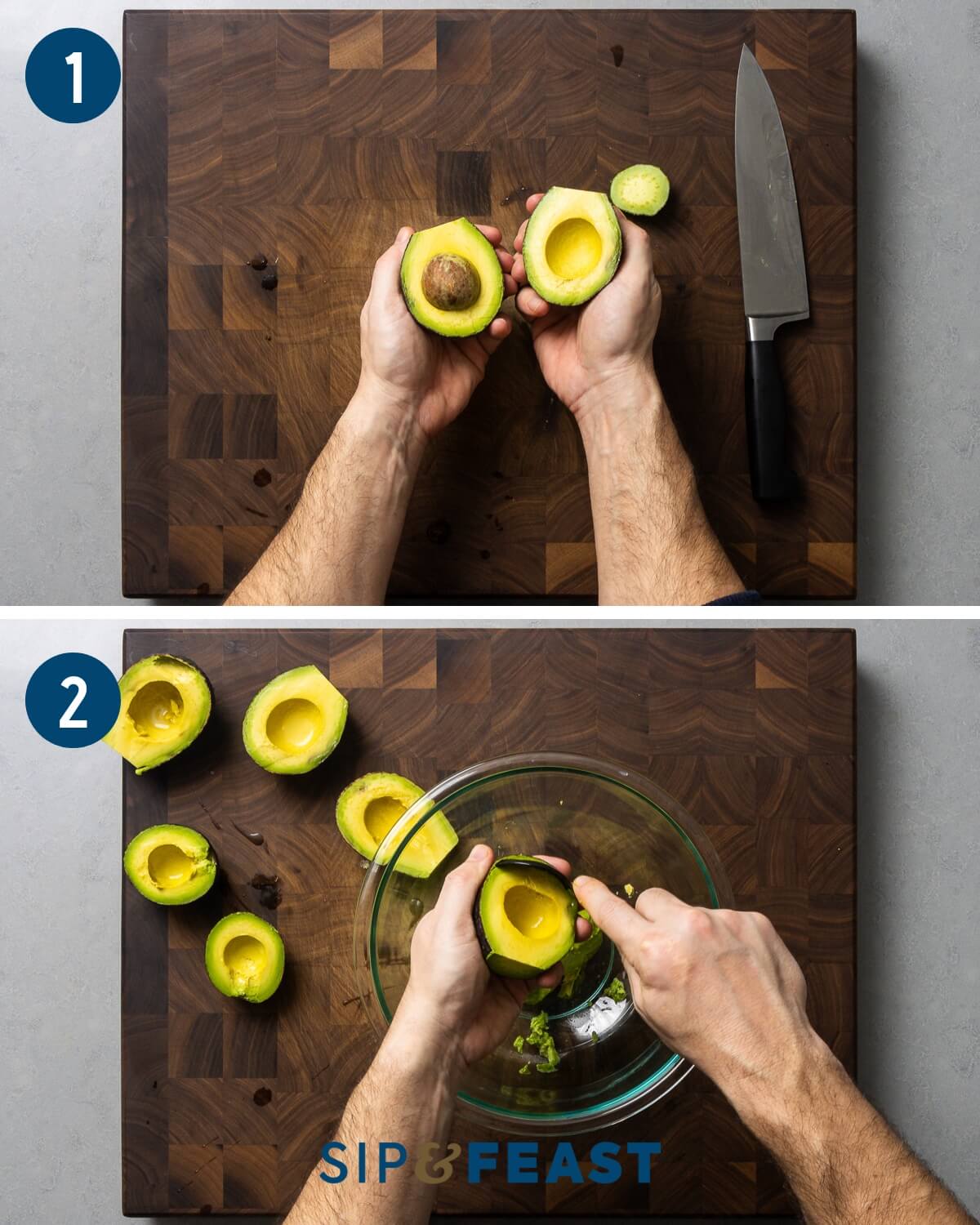 Guacamole recipe process shot collage group one showing cutting and scooping of avocado into bowl.

