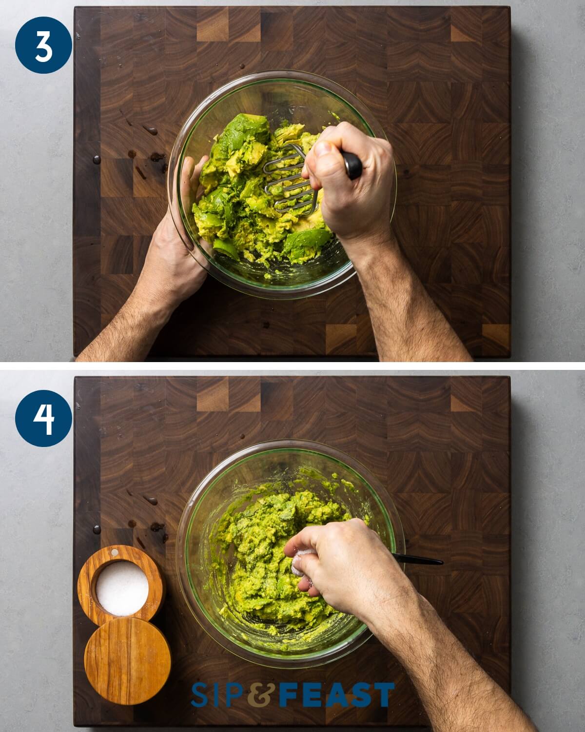 Recipe collage two showing mashing of avocado and seasoning with salt.