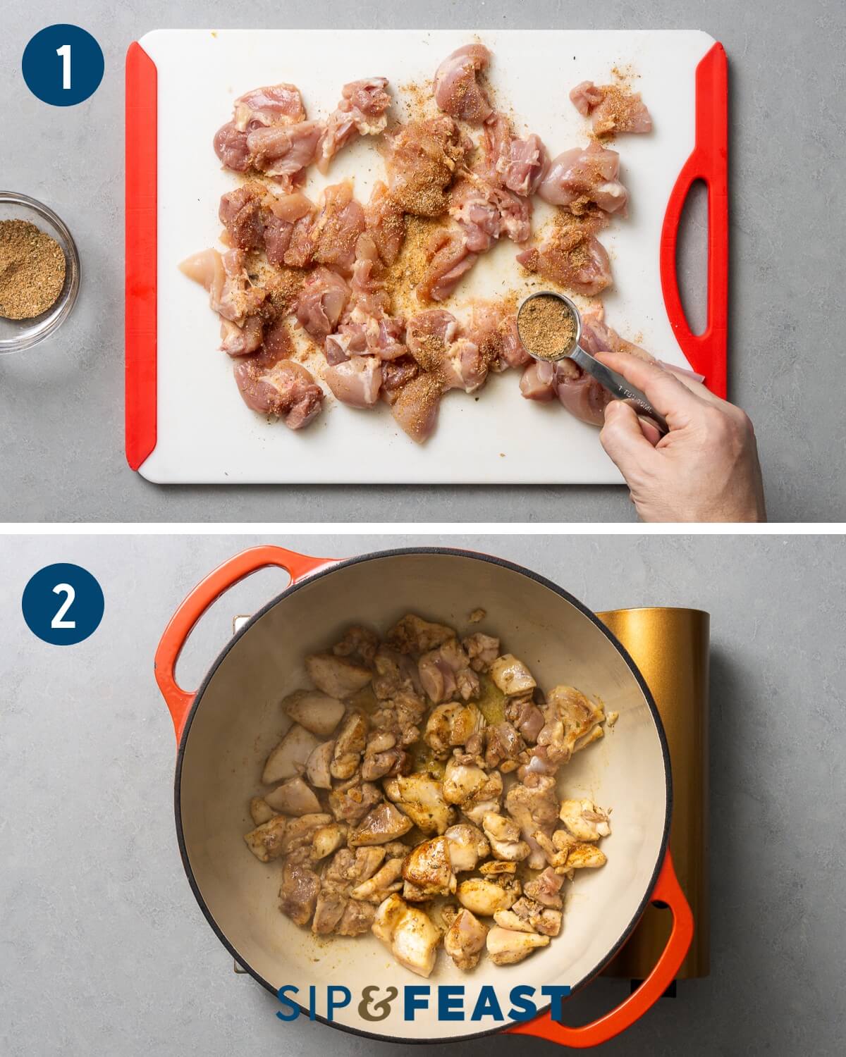 Jambalaya recipe process shot collage group one showing seasoning and searing of chicken thighs in Dutch oven.