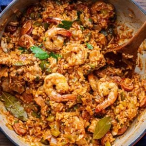 Jambalaya in large Dutch oven for featured image.