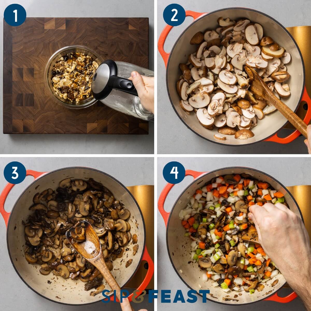 Mushroom barley soup recipe process collage group one showing reconstituting dry mushrooms and sauteing mushrooms and vegetables in Dutch oven.