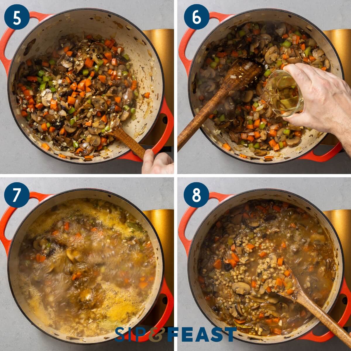 Recipe collage group two showing sauteing of vegetbales, deglazing with wine, boiling soup, and checking barley for tenderness.