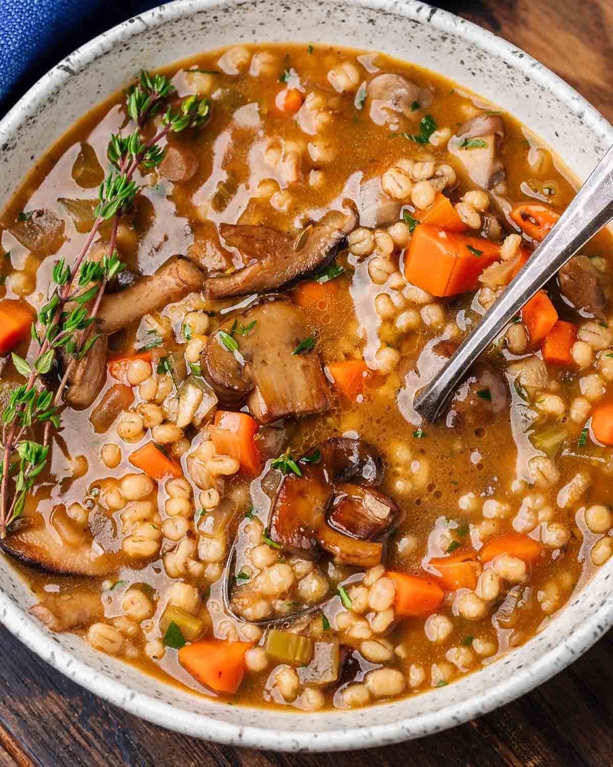 White bowl of mushroom barley soup.